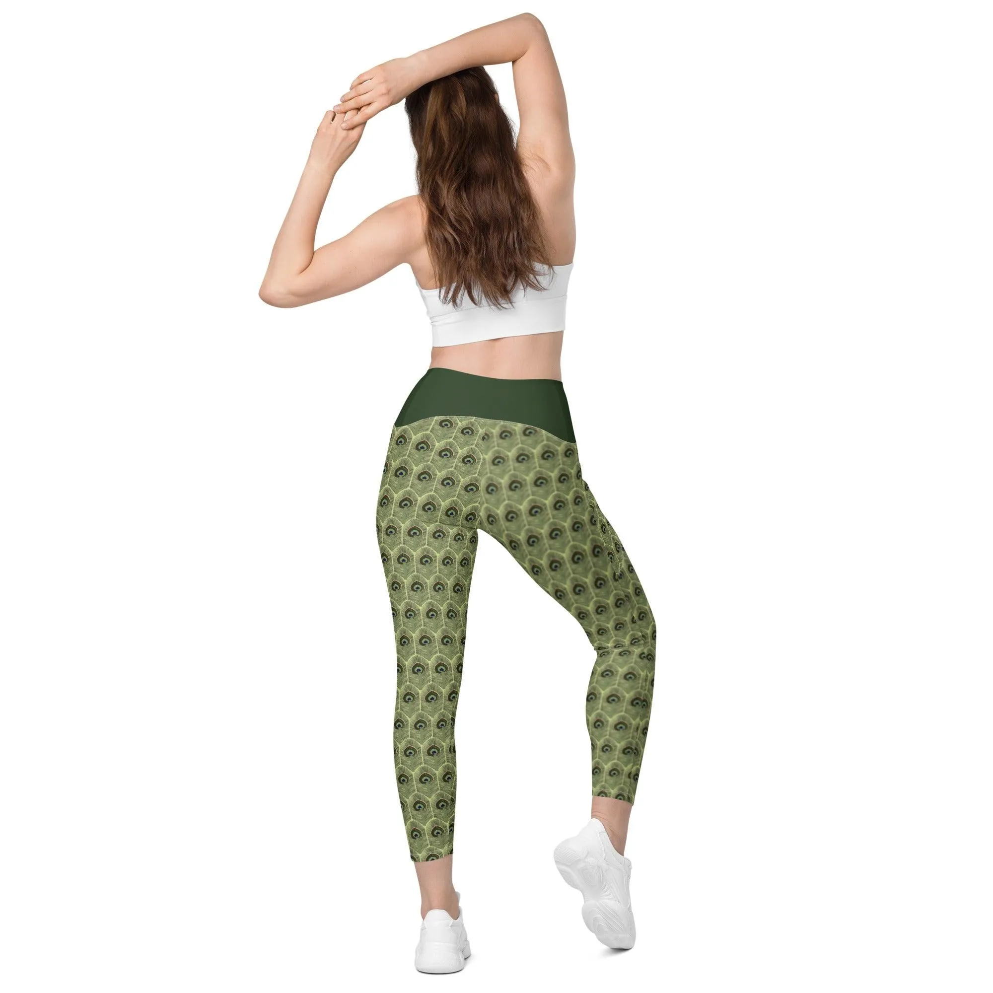 Peacock Feathers Crossover Leggings | with Pockets |
