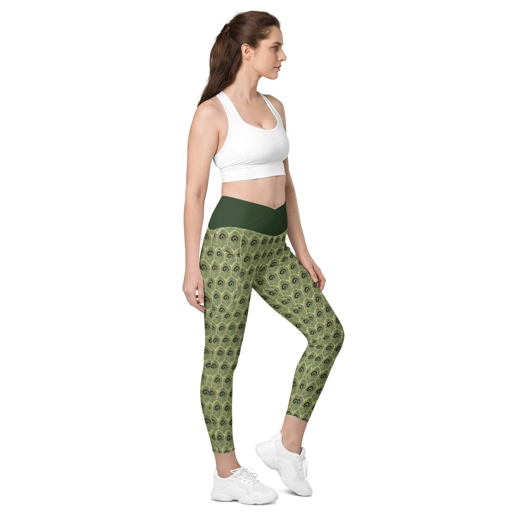 Peacock Feathers Crossover Leggings | with Pockets |