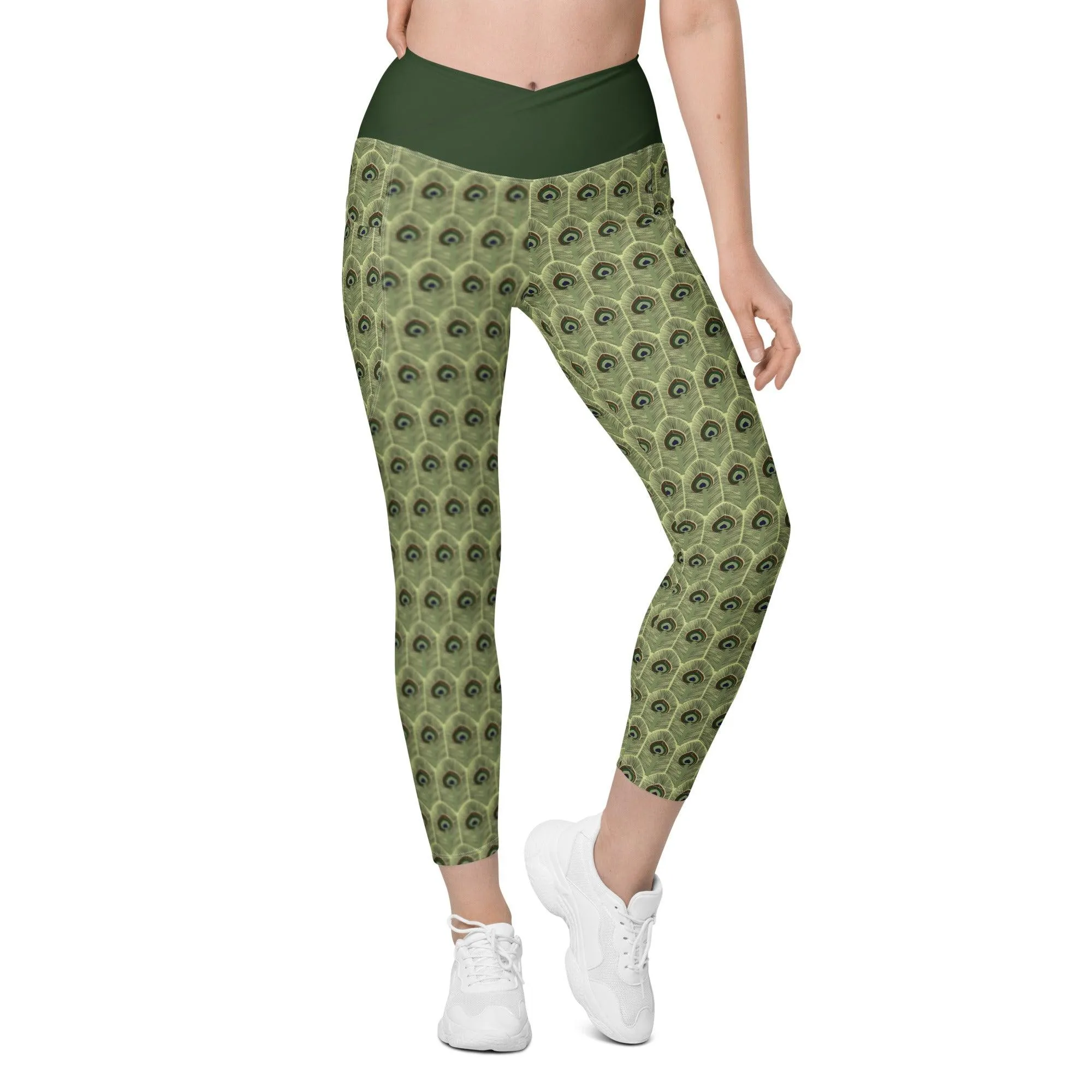 Peacock Feathers Crossover Leggings | with Pockets |