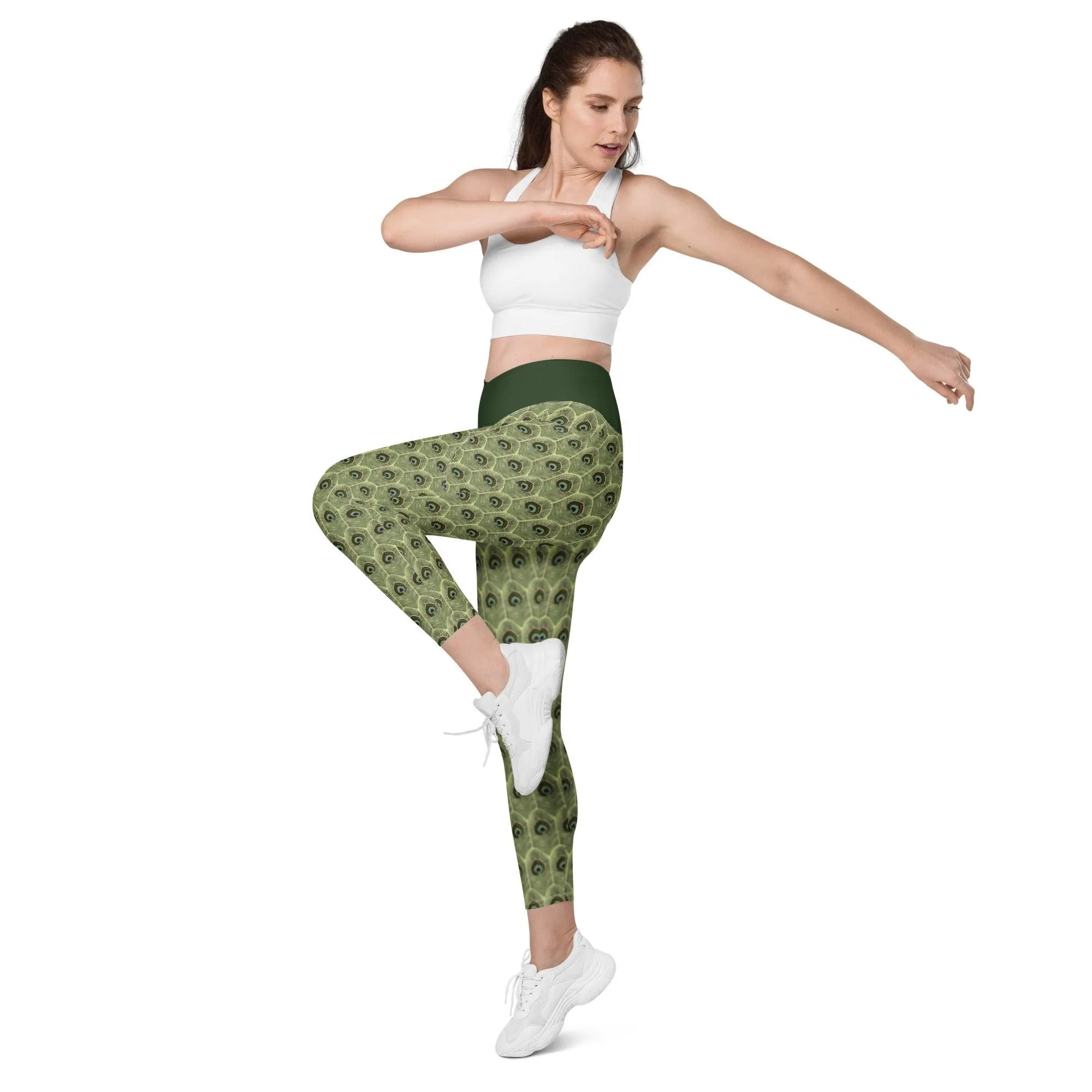 Peacock Feathers Crossover Leggings | with Pockets |