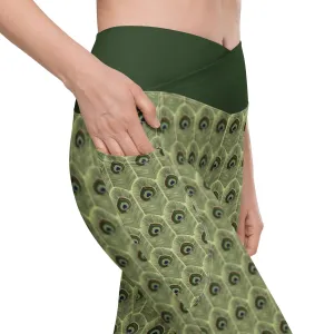 Peacock Feathers Crossover Leggings | with Pockets |
