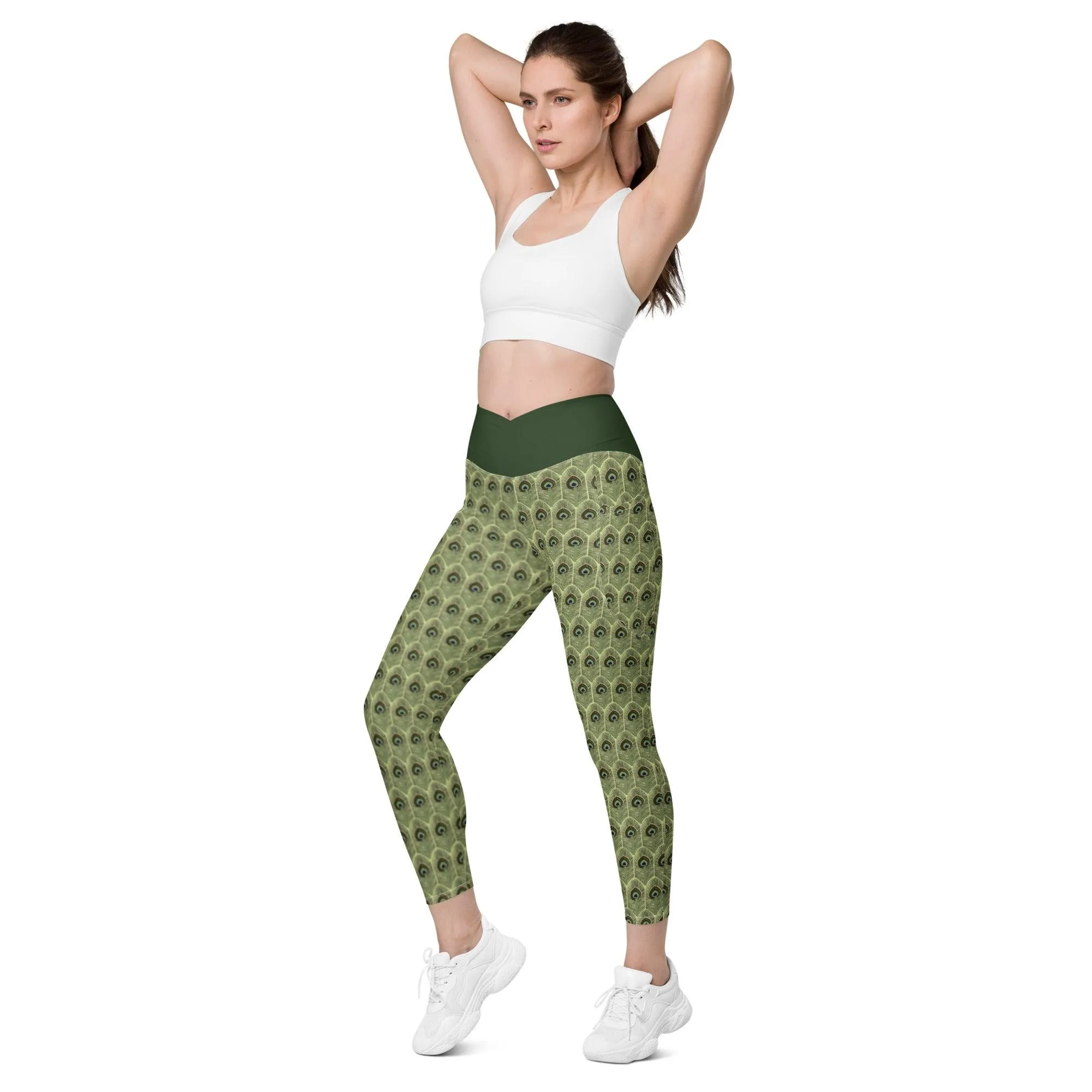 Peacock Feathers Crossover Leggings | with Pockets |