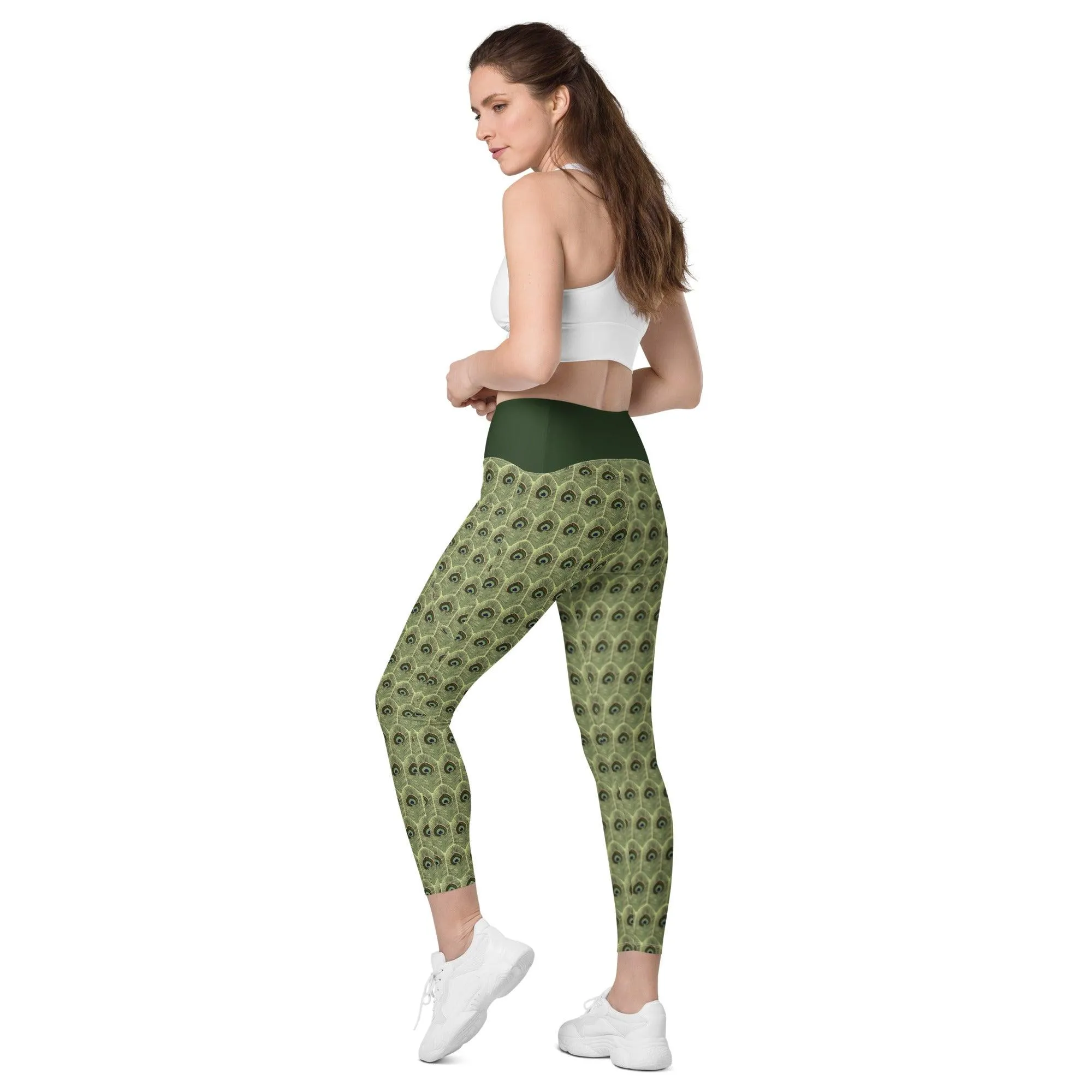 Peacock Feathers Crossover Leggings | with Pockets |