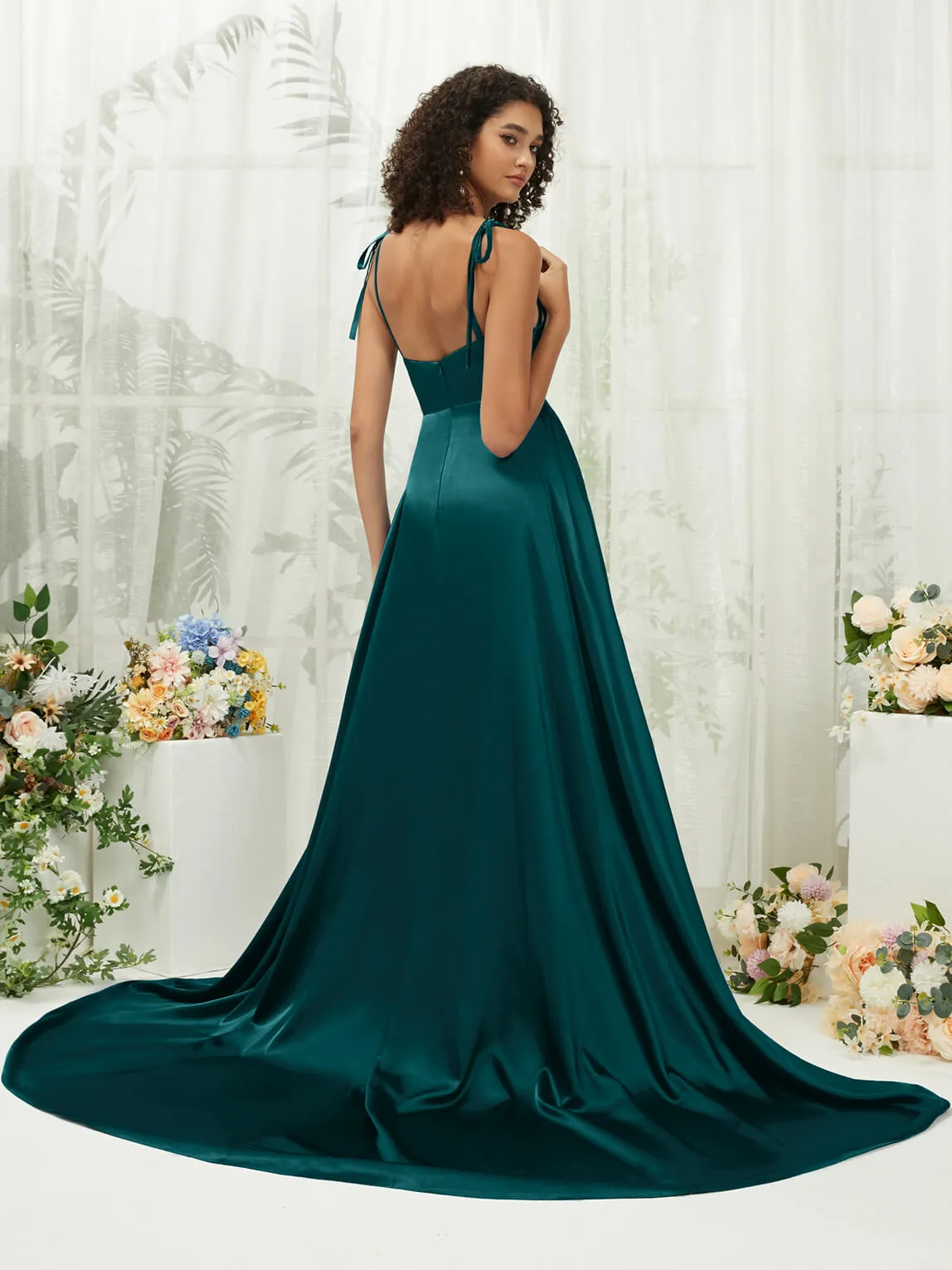 Peacock Satin Sweetheart Adjustable Straps Formal Gown With Pocket