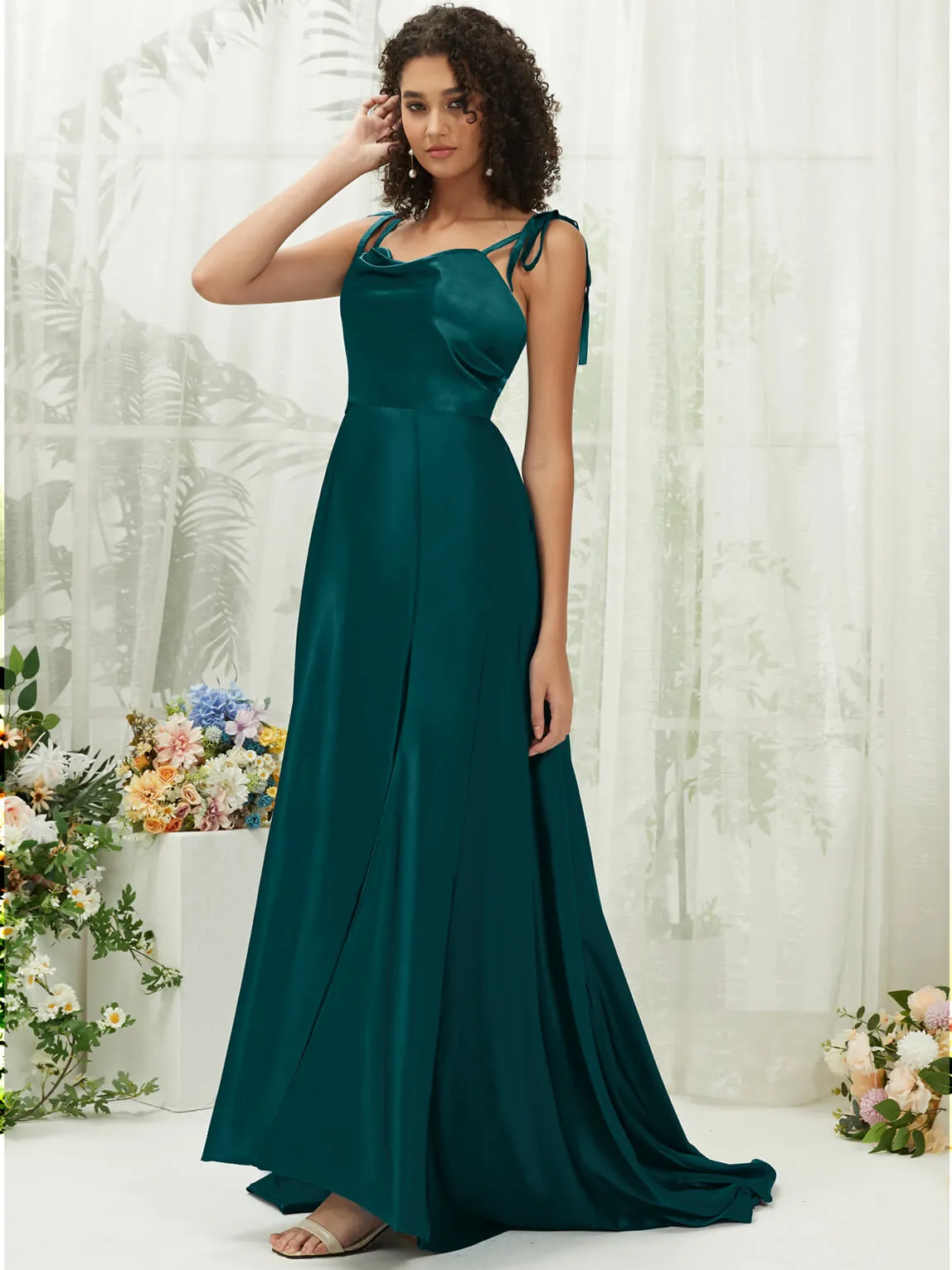 Peacock Satin Sweetheart Adjustable Straps Formal Gown With Pocket