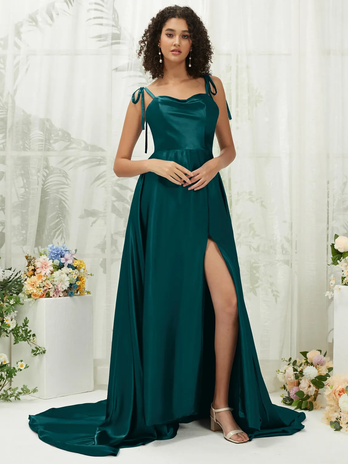 Peacock Satin Sweetheart Adjustable Straps Formal Gown With Pocket