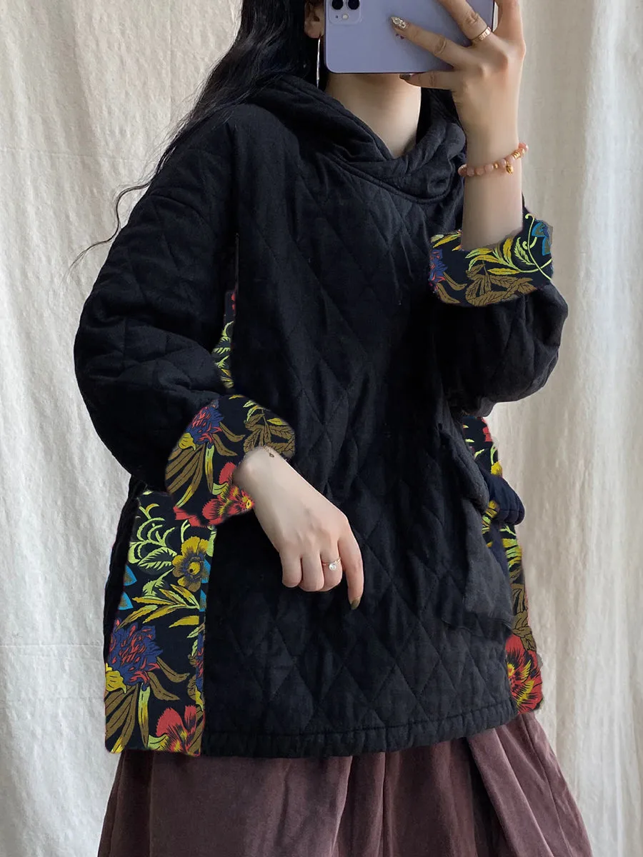 Plus Size Women Winter Patch Spliced Pocket Thicken Hooded