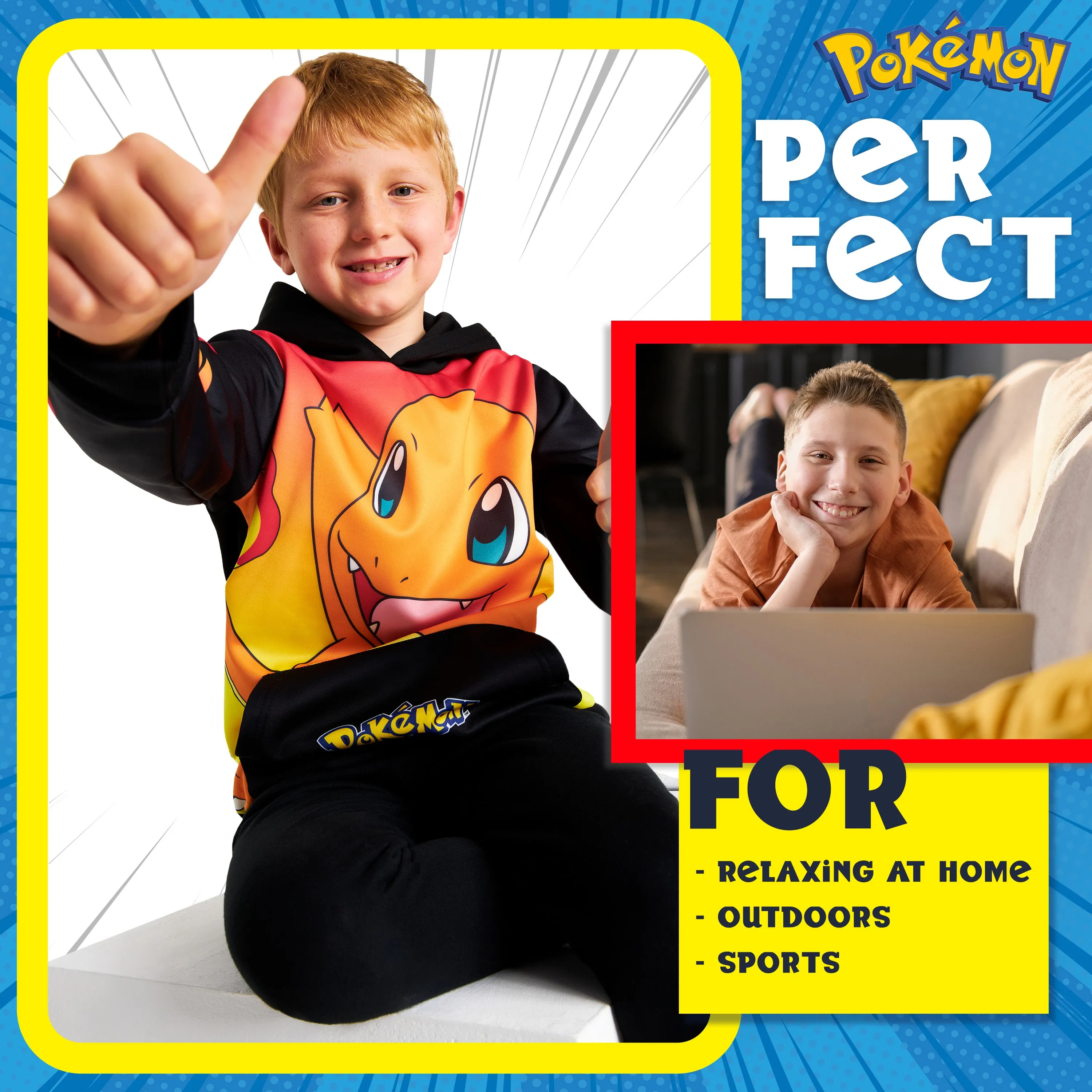 Pokemon Boys Hoodie with Cuffed Sleeves, Kangaroo Pocket - Black/Red Charmander