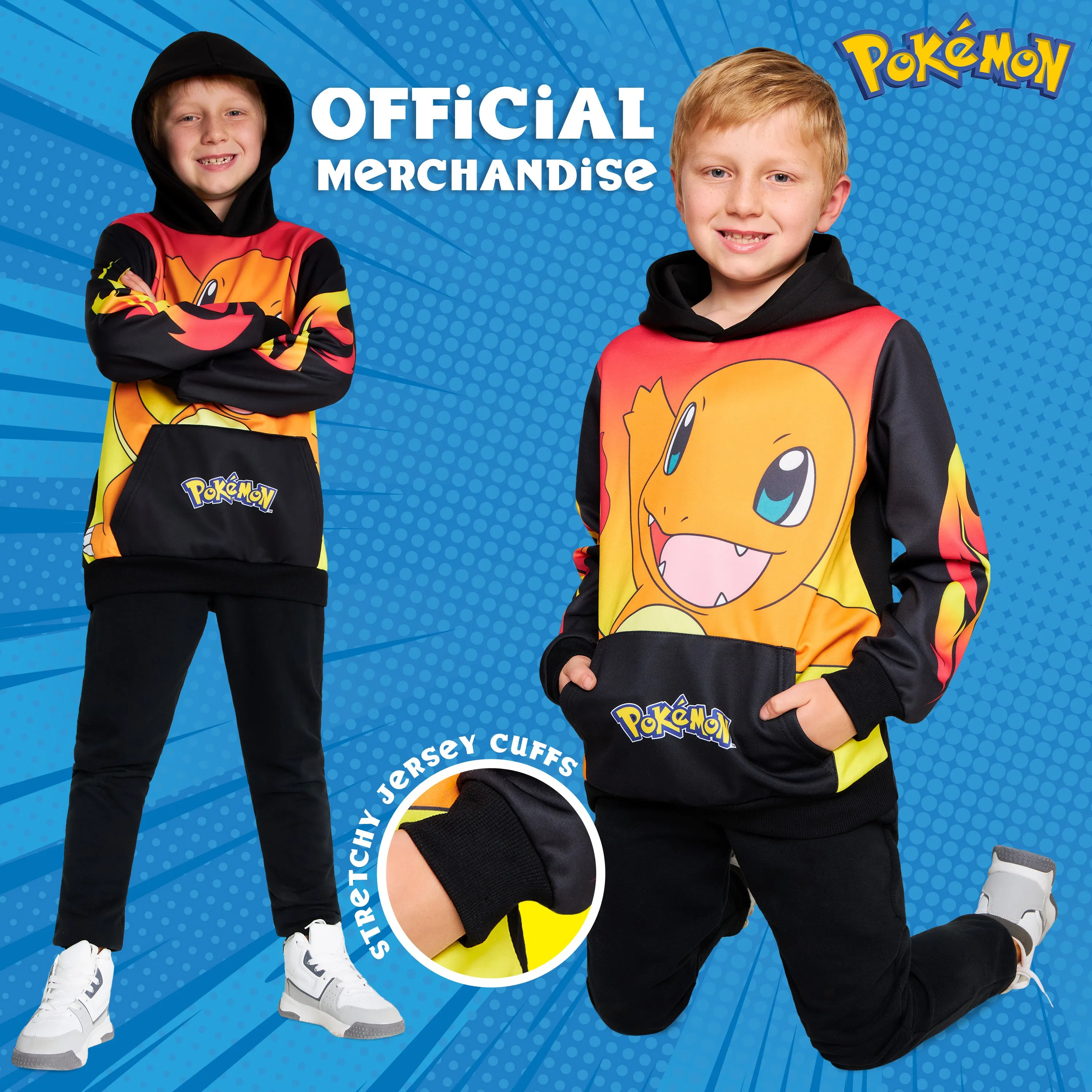 Pokemon Boys Hoodie with Cuffed Sleeves, Kangaroo Pocket - Black/Red Charmander