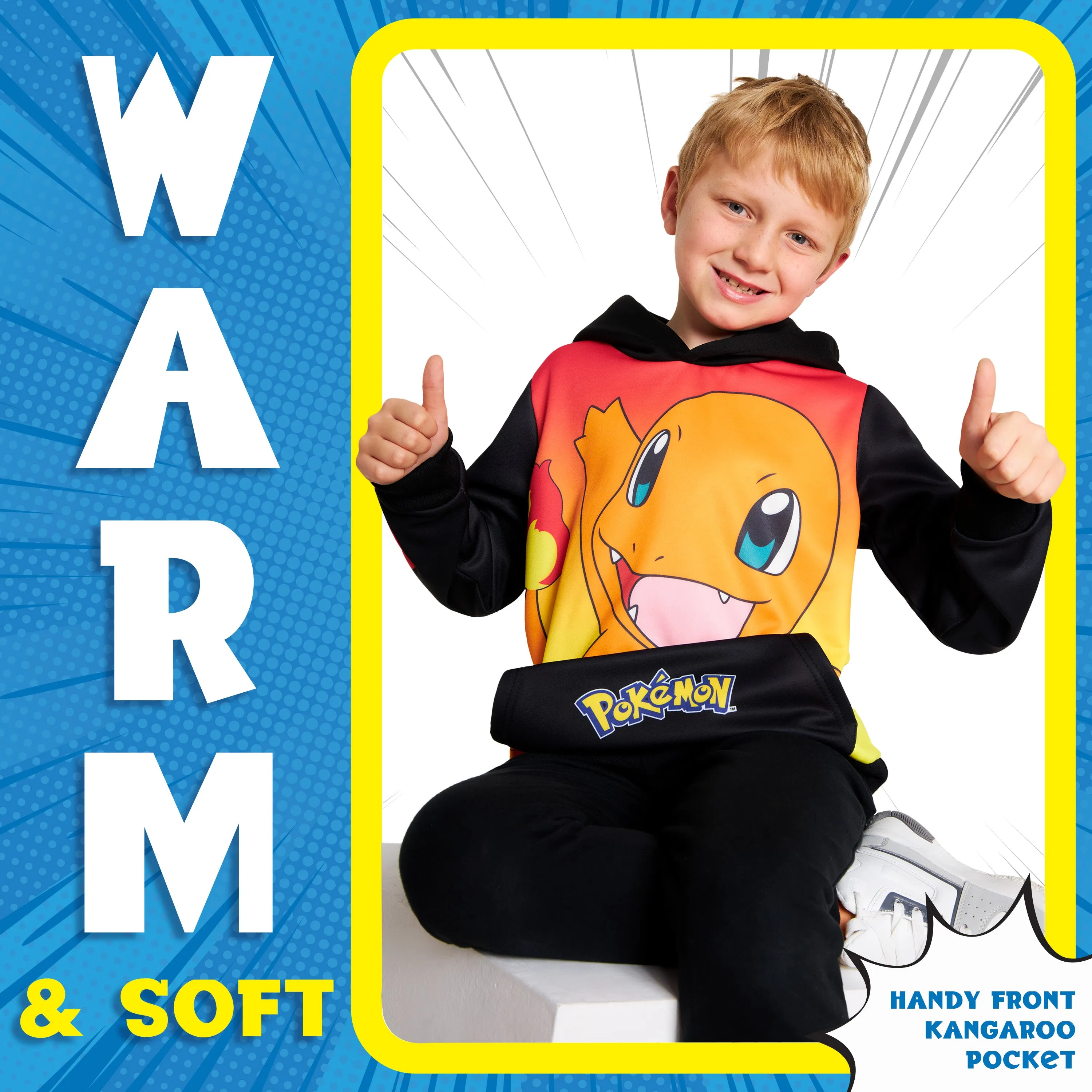 Pokemon Boys Hoodie with Cuffed Sleeves, Kangaroo Pocket - Black/Red Charmander