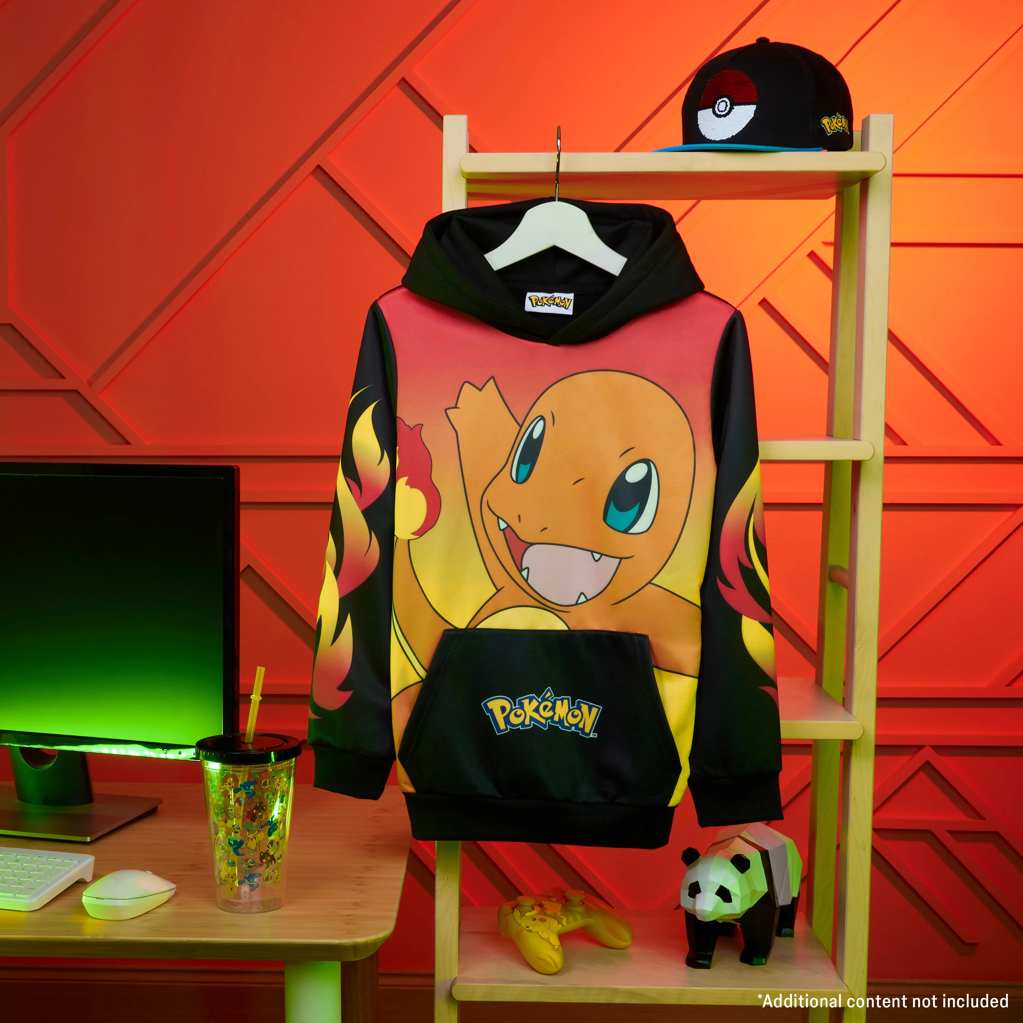 Pokemon Boys Hoodie with Cuffed Sleeves, Kangaroo Pocket - Black/Red Charmander