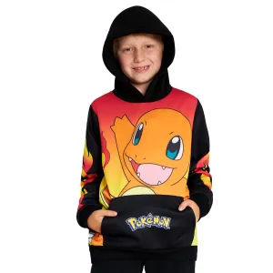 Pokemon Boys Hoodie with Cuffed Sleeves, Kangaroo Pocket - Black/Red Charmander