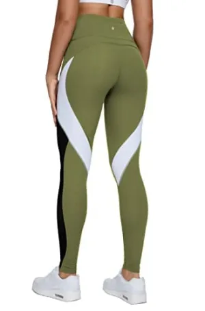QUEENIEKE Women Yoga Pants Color Blocking Mesh Workout Running Leggings Tights Size XS Color Wild Pine
