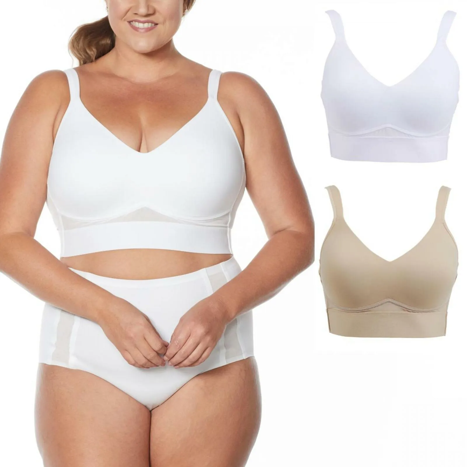 Rhonda Shear 2 Pack Mesh Back Detail Molded Cup Bras White/ Nude Plus 1X
