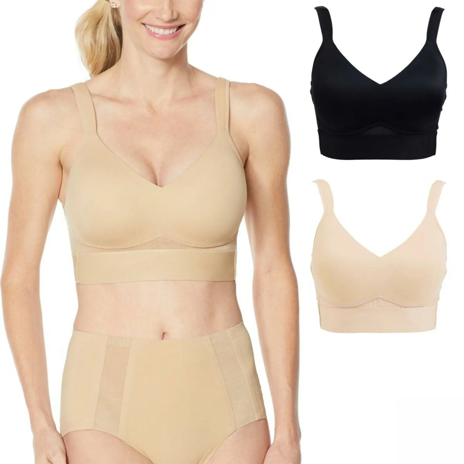 Rhonda Shear 2 Pack Molded Cup Bras With Mesh Back Detail Nude/ Black Large