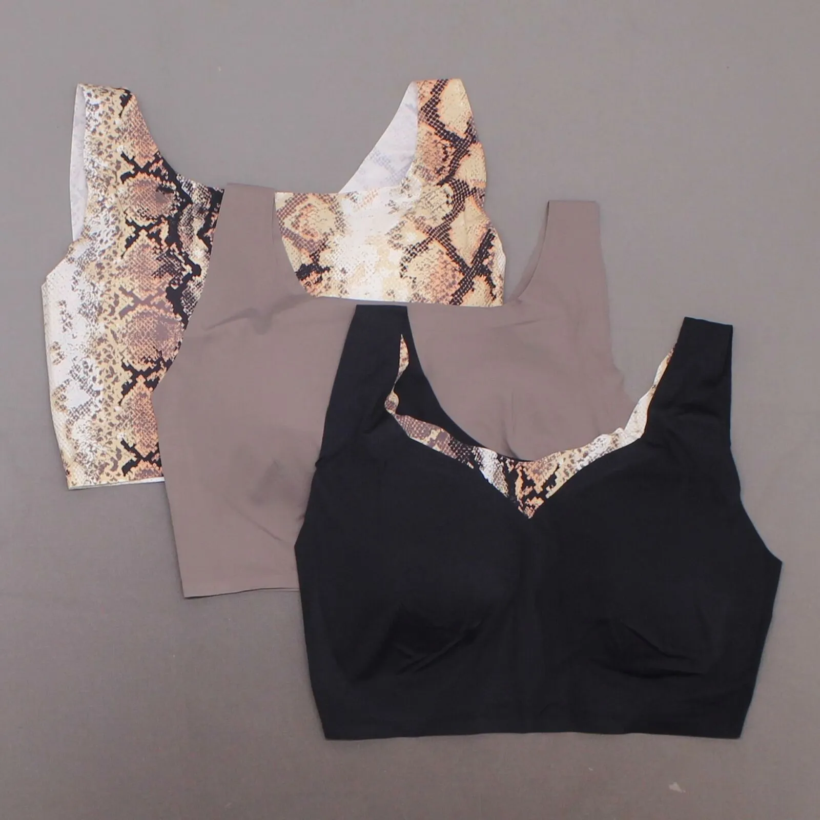 Rhonda Shear 3 Pack Body Bras With Removable Pads Mocha/ Snake/ Black 1X