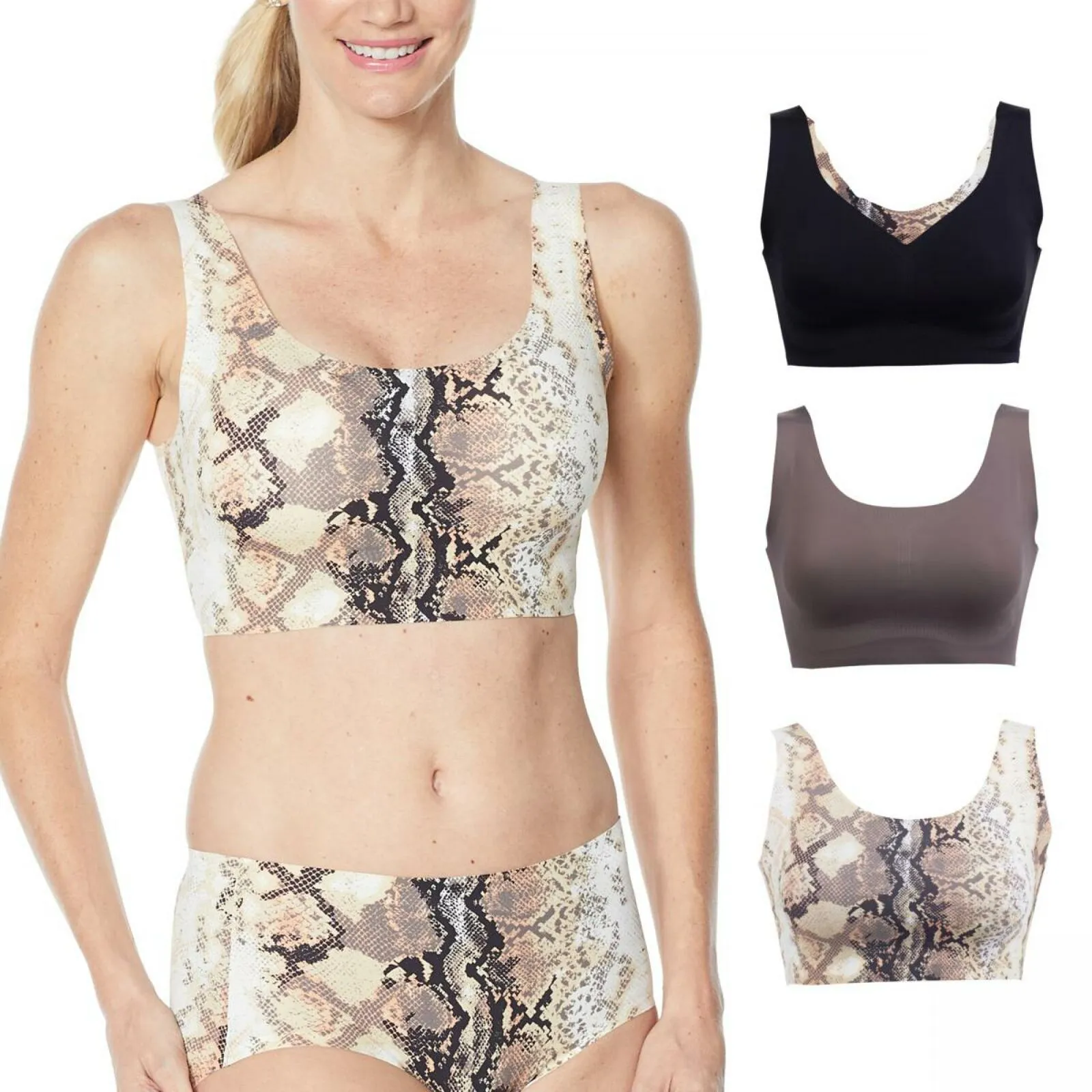 Rhonda Shear 3 Pack Body Bras With Removable Pads Mocha/ Snake/ Black 1X