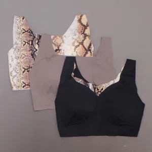 Rhonda Shear 3 Pack Body Bras With Removable Pads Mocha/ Snake/ Black 1X
