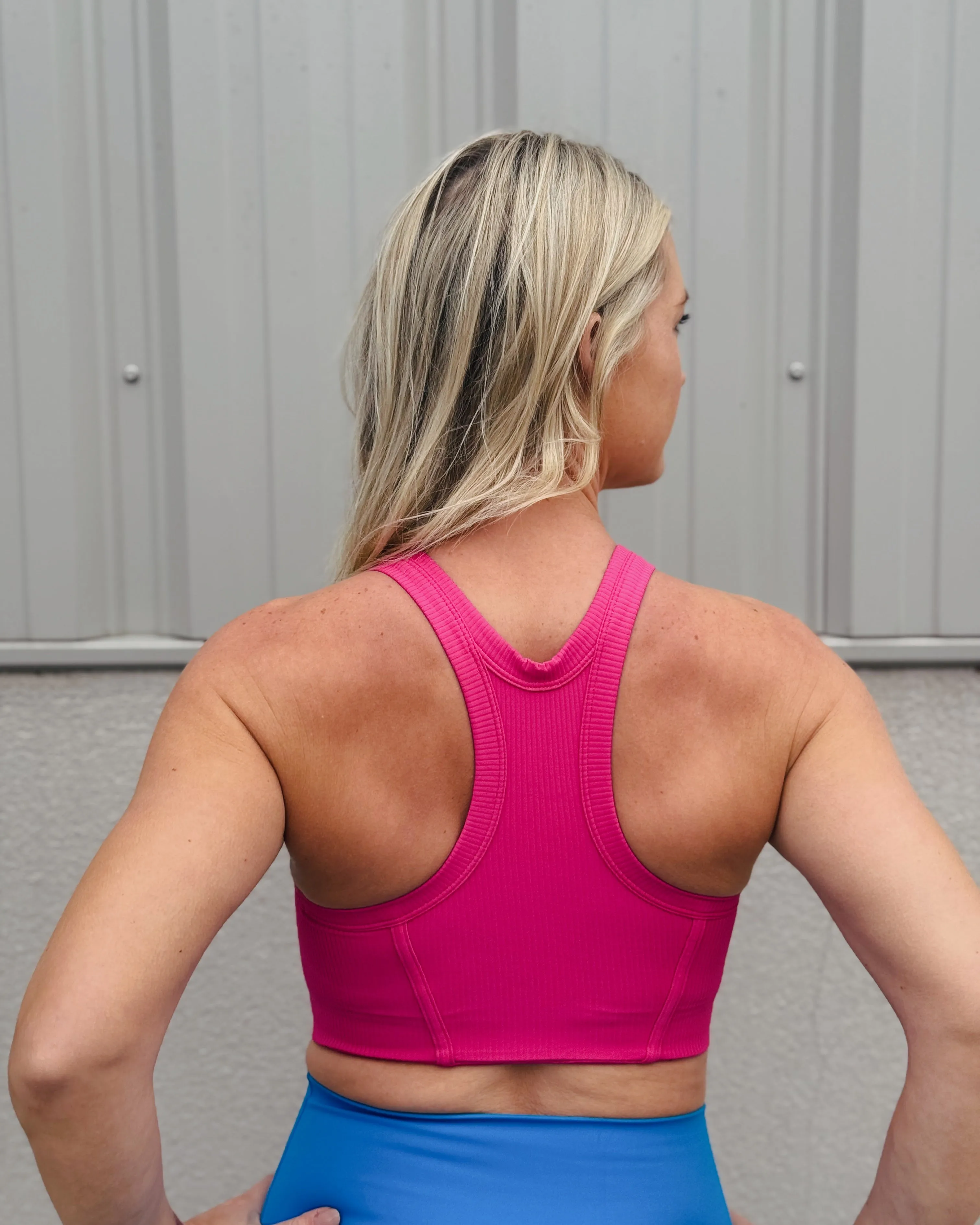 Rose Red Solid Threaded High Support Sports Bra