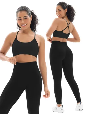 Seamless Workout Sets for Women 2 Piece Adjustable Strappy Sports Bra with High Waisted Butt Lifting Leggings Gym Sets(Our82 Black)