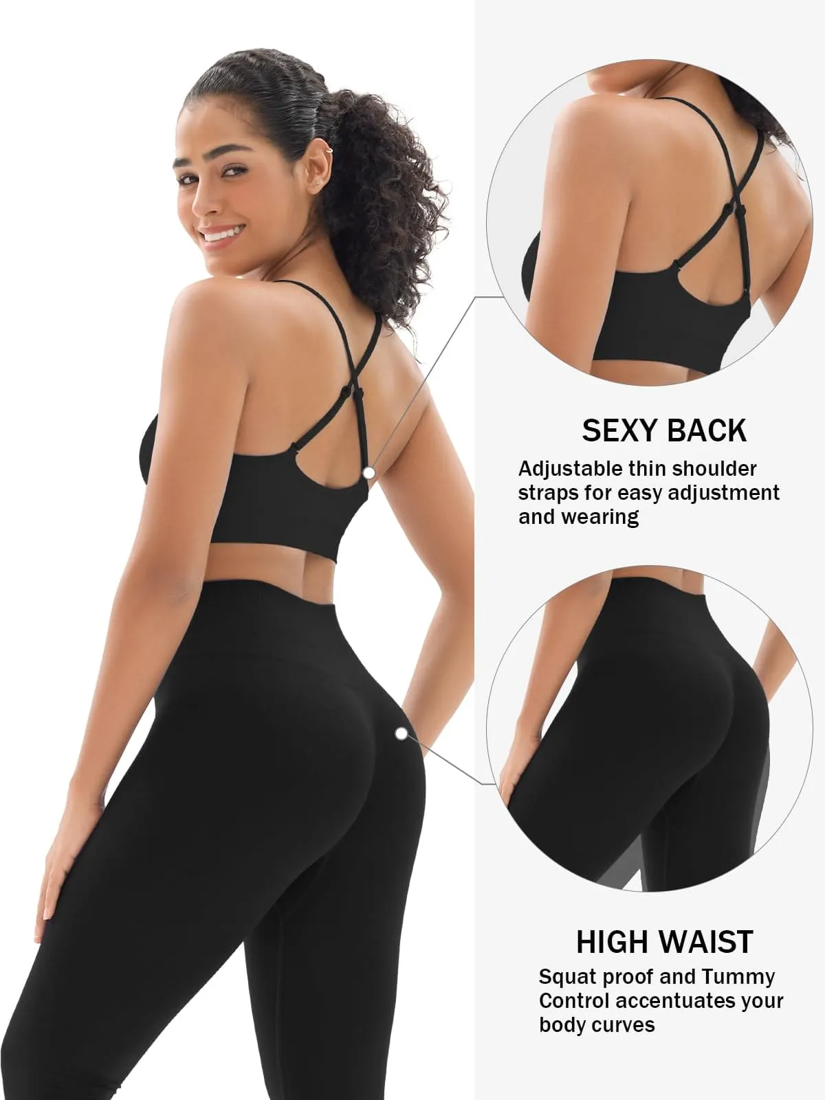 Seamless Workout Sets for Women 2 Piece Adjustable Strappy Sports Bra with High Waisted Butt Lifting Leggings Gym Sets(Our82 Black)