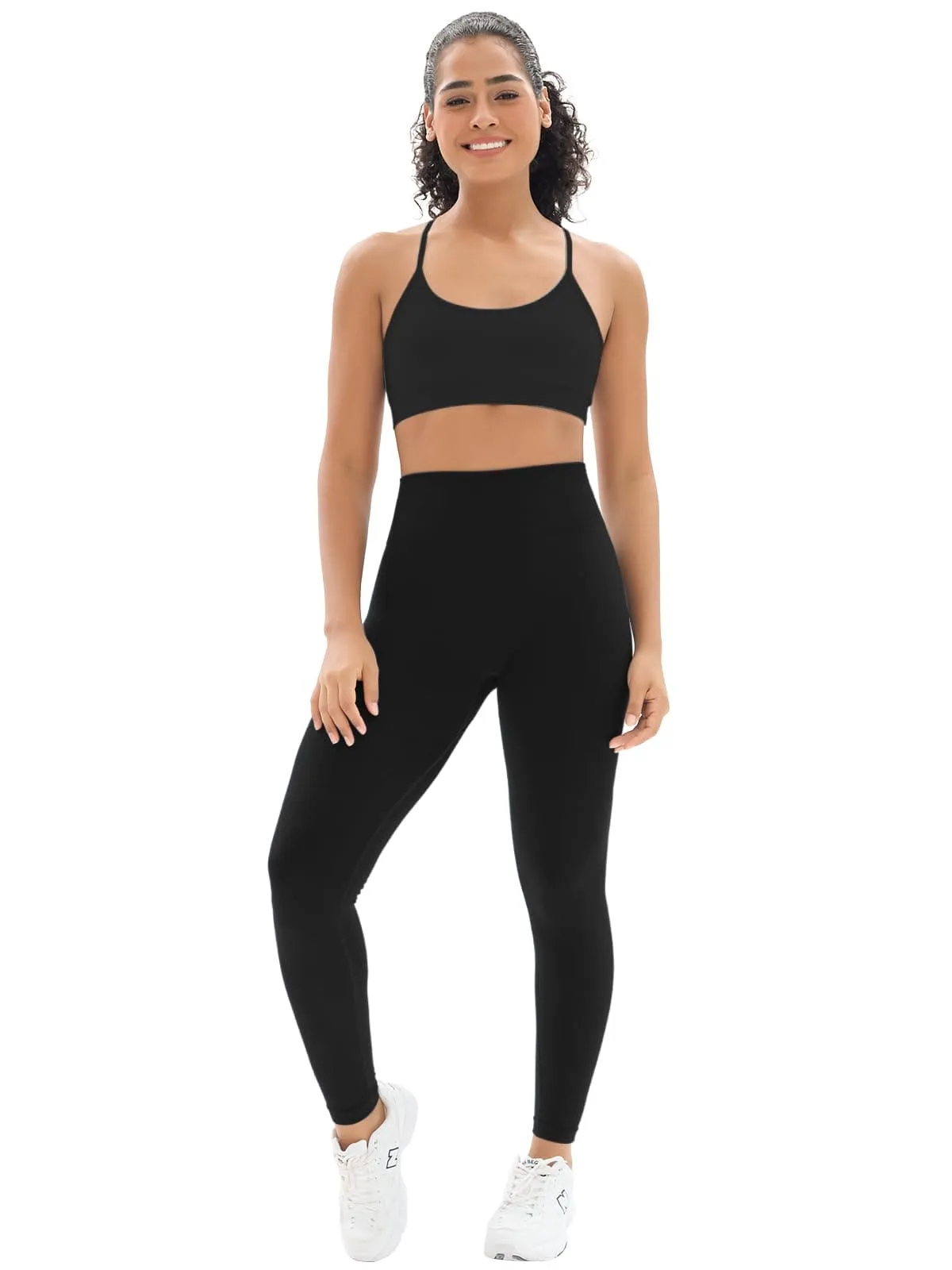 Seamless Workout Sets for Women 2 Piece Adjustable Strappy Sports Bra with High Waisted Butt Lifting Leggings Gym Sets(Our82 Black)