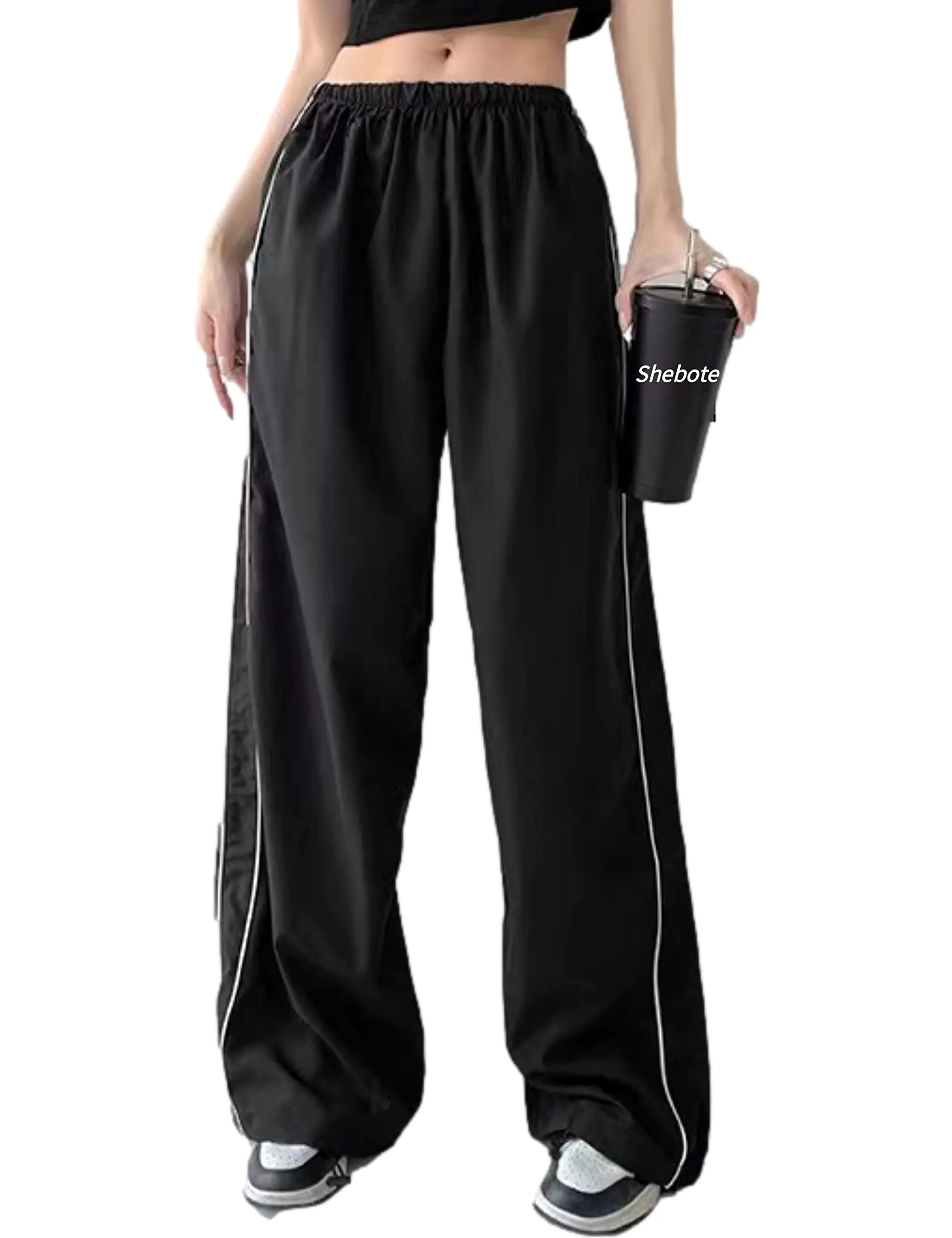 Shebote Womens Parachute Pants Wide Leg Baggy Pants Y2K Elastic Waist Jogger Sweatpants Track Pants Streetwear
