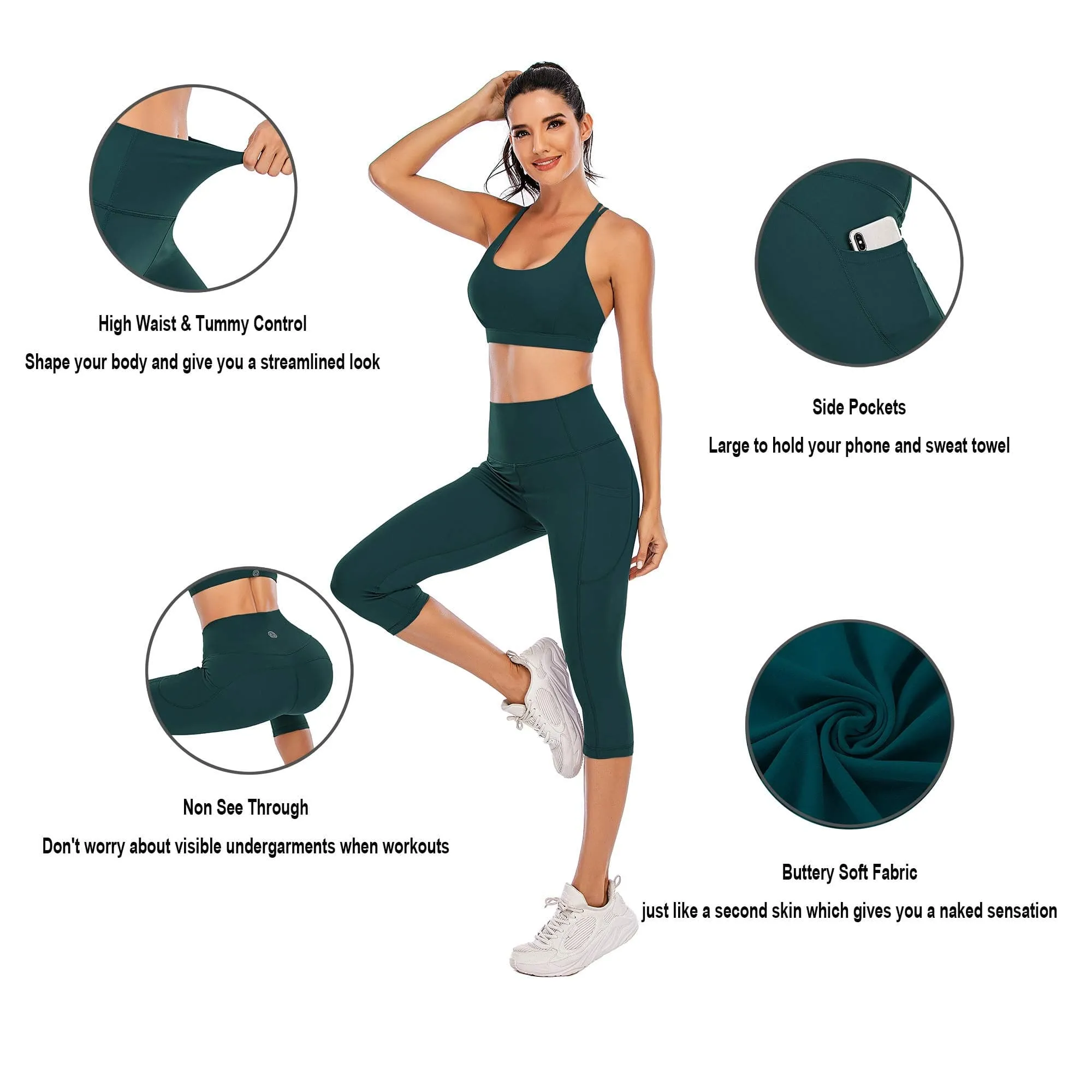 Steppe Naked Feeling High Waisted Yoga Pants Women's Workout Capris Leggings with Pockets Tummy Control Buttery Soft Running Compression Capris for Athletic Gym Exercise Fitness Dark Sea