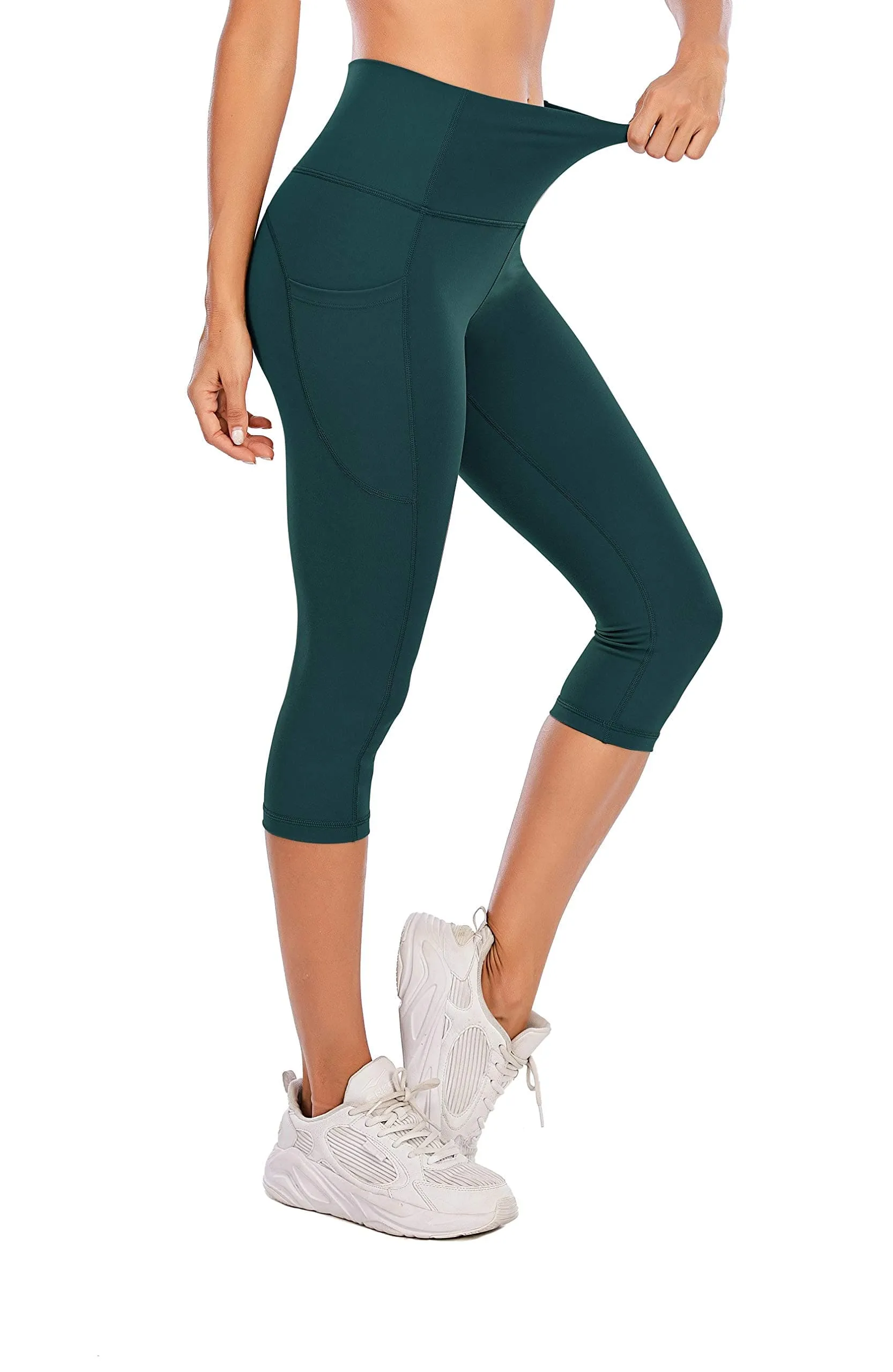Steppe Naked Feeling High Waisted Yoga Pants Women's Workout Capris Leggings with Pockets Tummy Control Buttery Soft Running Compression Capris for Athletic Gym Exercise Fitness Dark Sea