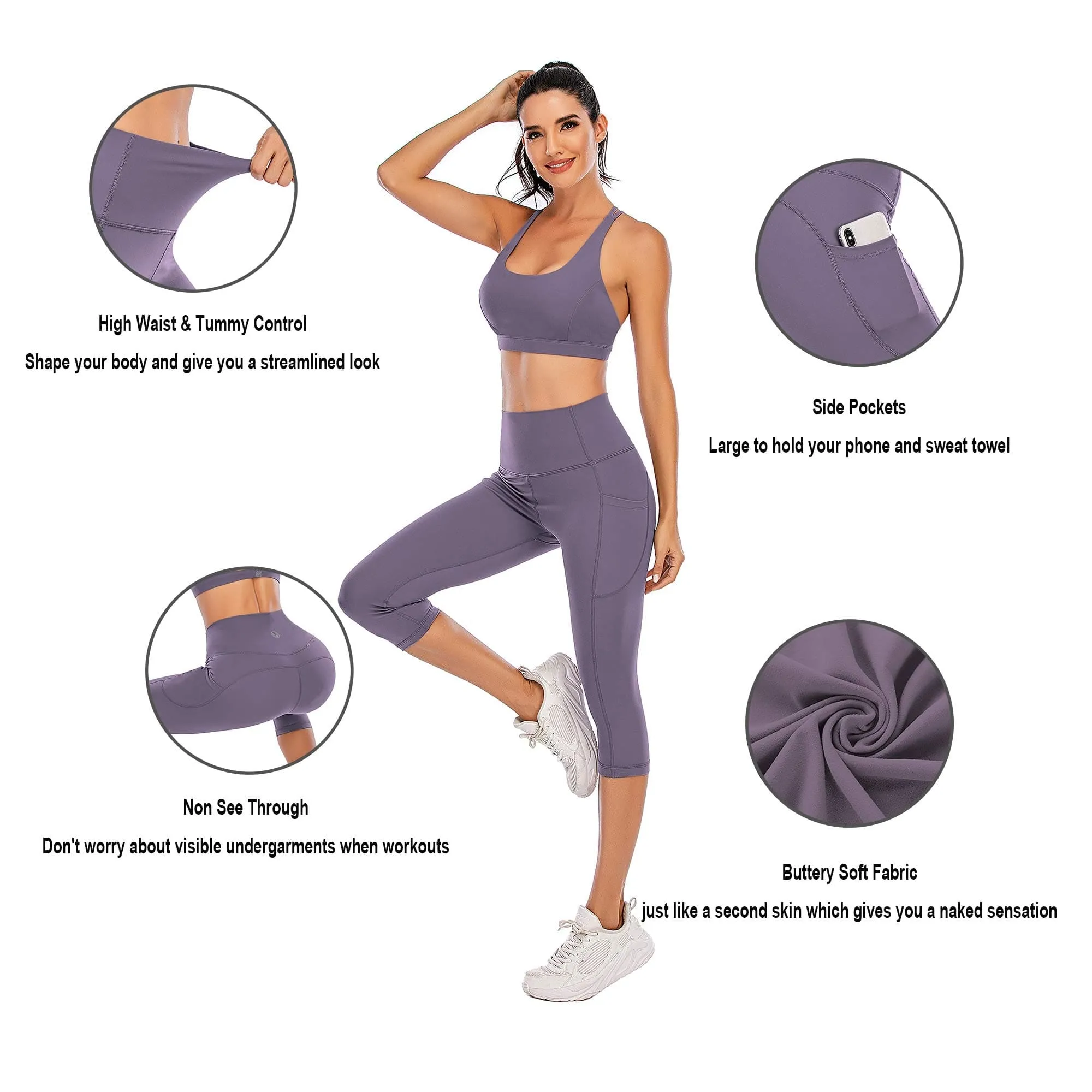 Steppe Naked Feeling High Waisted Yoga Pants Women's Workout Capris Leggings with Pockets Tummy Control Buttery Soft Running Compression Capris for Athletic Gym Exercise Fitness Purple