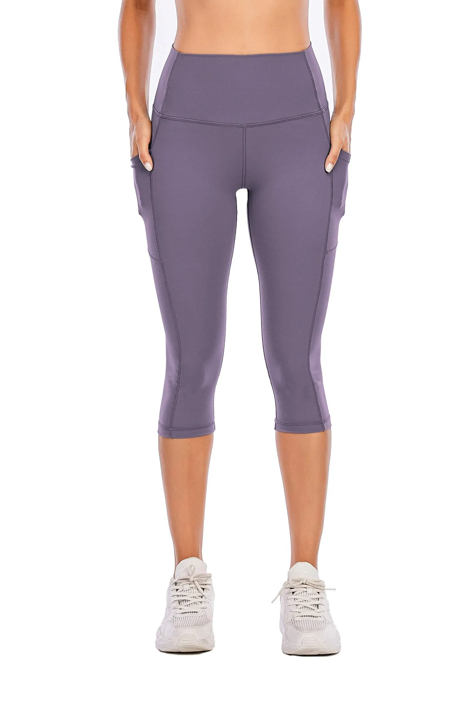 Steppe Naked Feeling High Waisted Yoga Pants Women's Workout Capris Leggings with Pockets Tummy Control Buttery Soft Running Compression Capris for Athletic Gym Exercise Fitness Purple