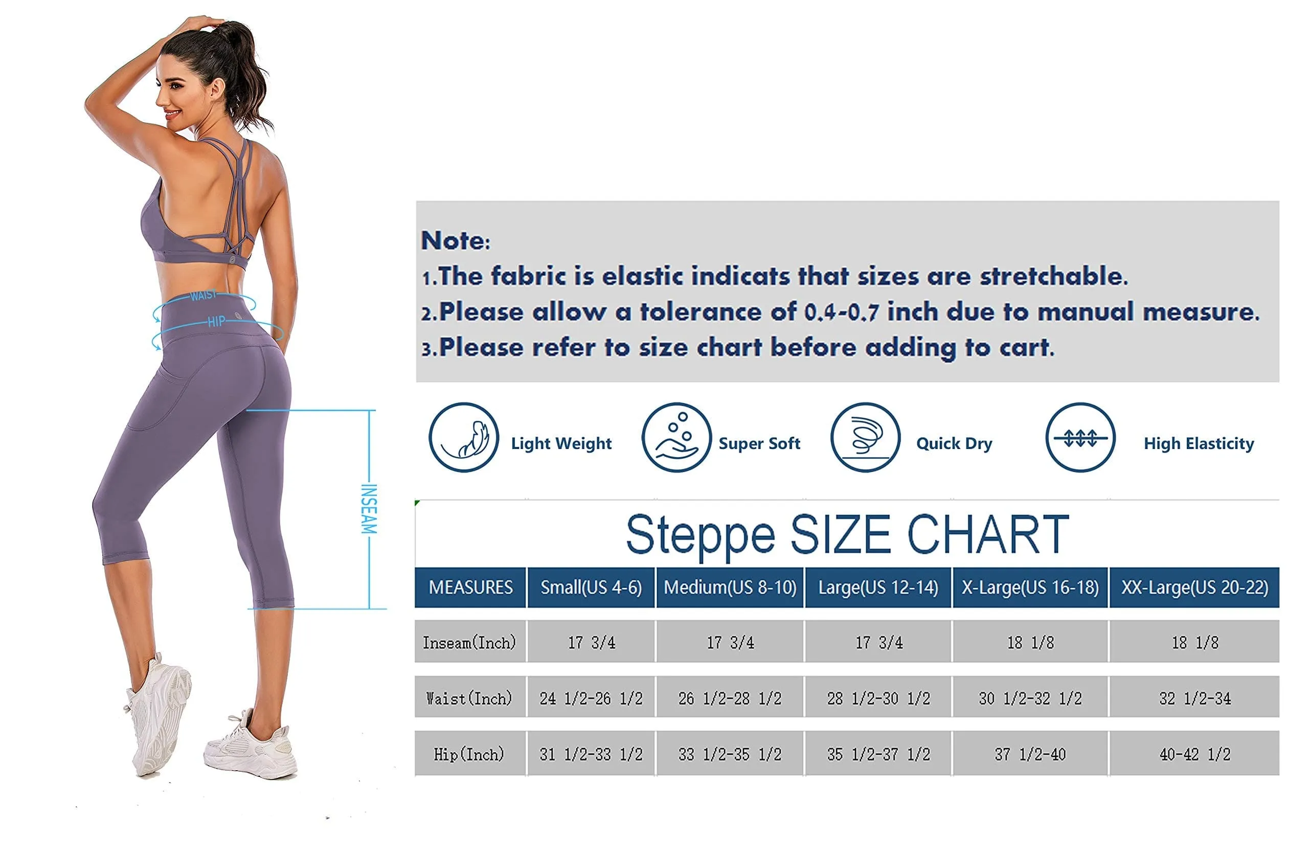 Steppe Naked Feeling High Waisted Yoga Pants Women's Workout Capris Leggings with Pockets Tummy Control Buttery Soft Running Compression Capris for Athletic Gym Exercise Fitness Purple