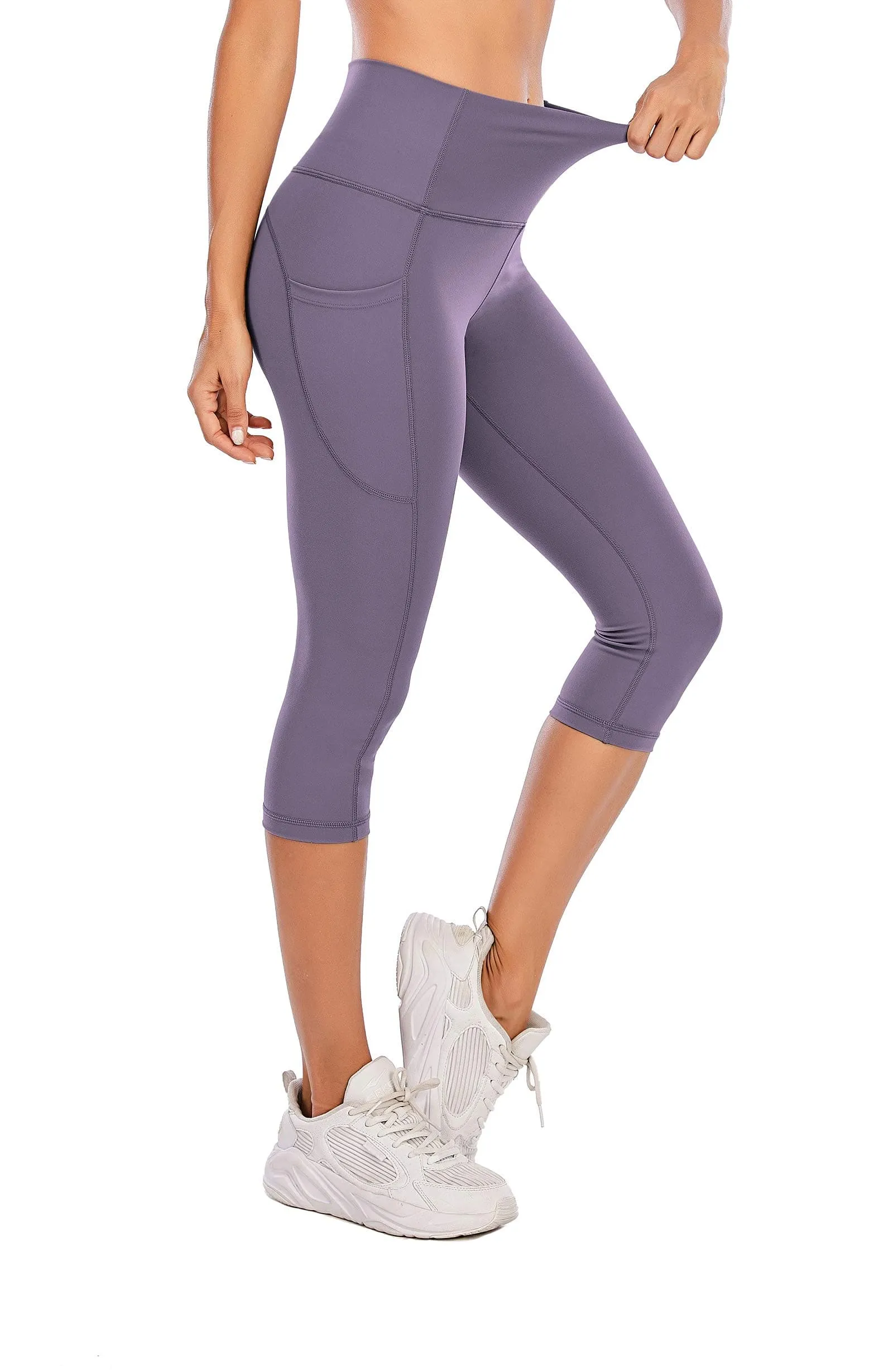 Steppe Naked Feeling High Waisted Yoga Pants Women's Workout Capris Leggings with Pockets Tummy Control Buttery Soft Running Compression Capris for Athletic Gym Exercise Fitness Purple