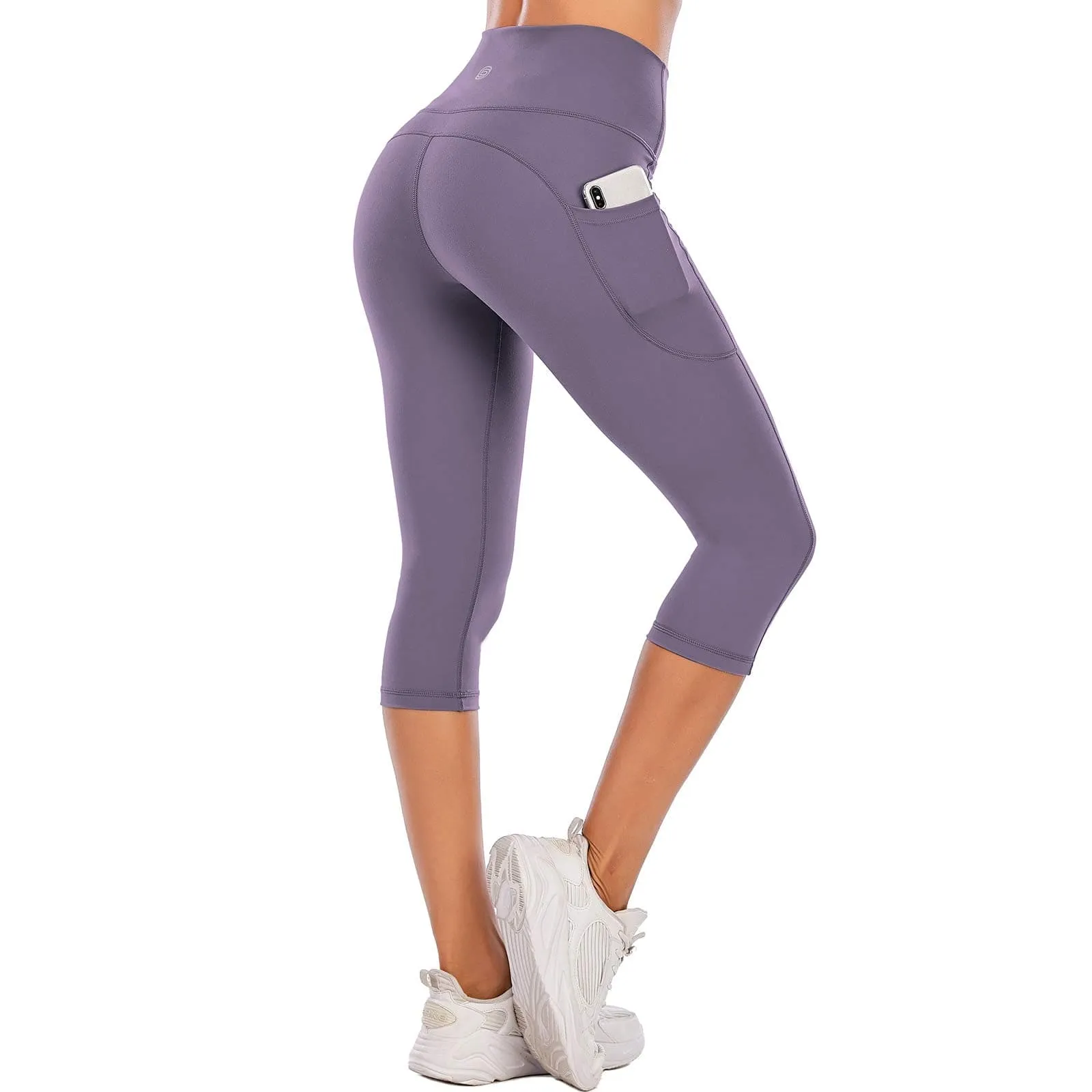 Steppe Naked Feeling High Waisted Yoga Pants Women's Workout Capris Leggings with Pockets Tummy Control Buttery Soft Running Compression Capris for Athletic Gym Exercise Fitness Purple