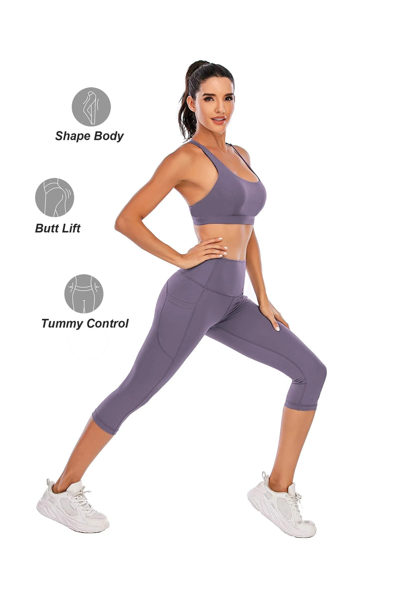 Steppe Naked Feeling High Waisted Yoga Pants Women's Workout Capris Leggings with Pockets Tummy Control Buttery Soft Running Compression Capris for Athletic Gym Exercise Fitness Purple