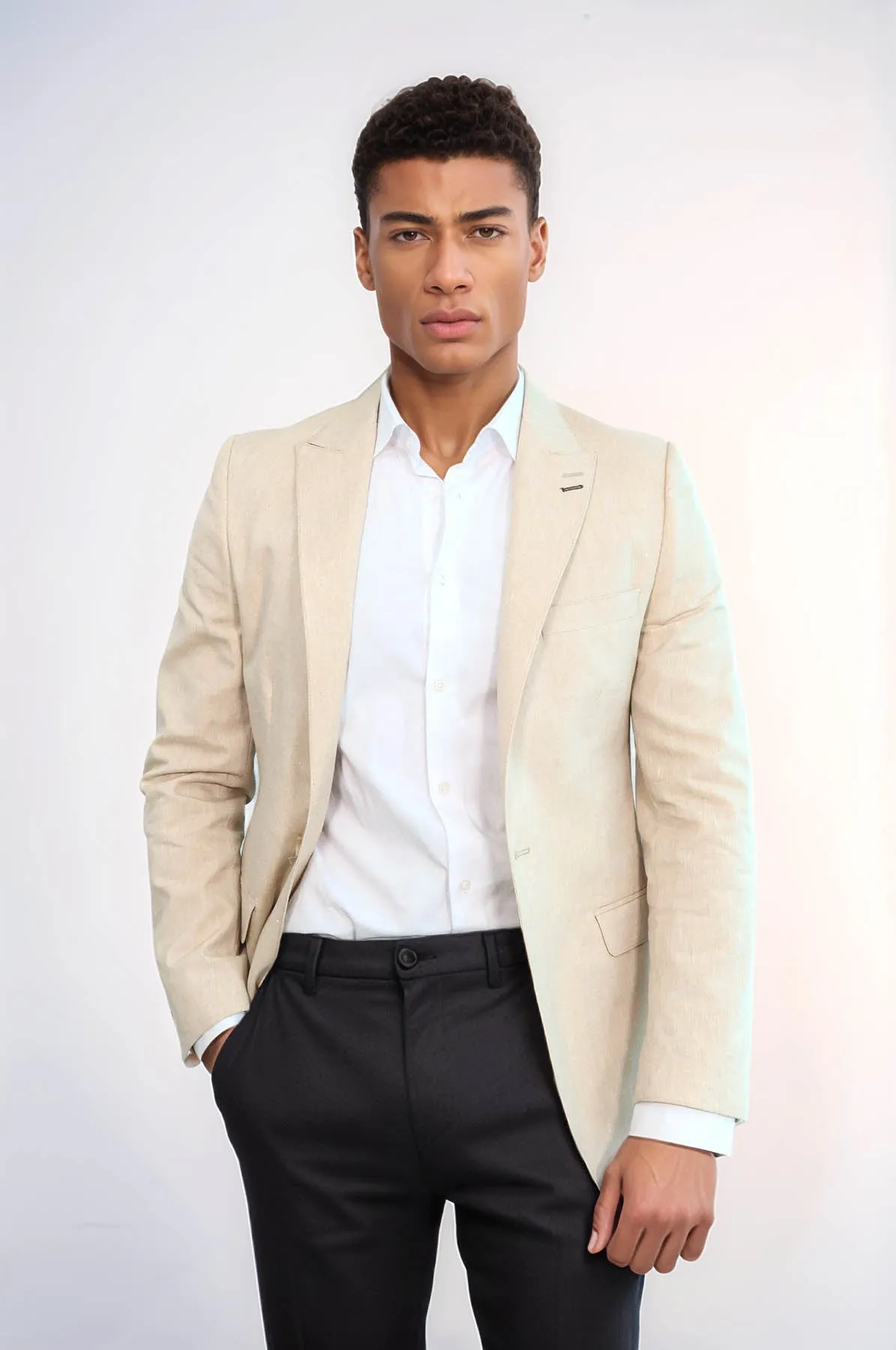 Striped Peak Lapel Beige Sport Jacket - Wessi