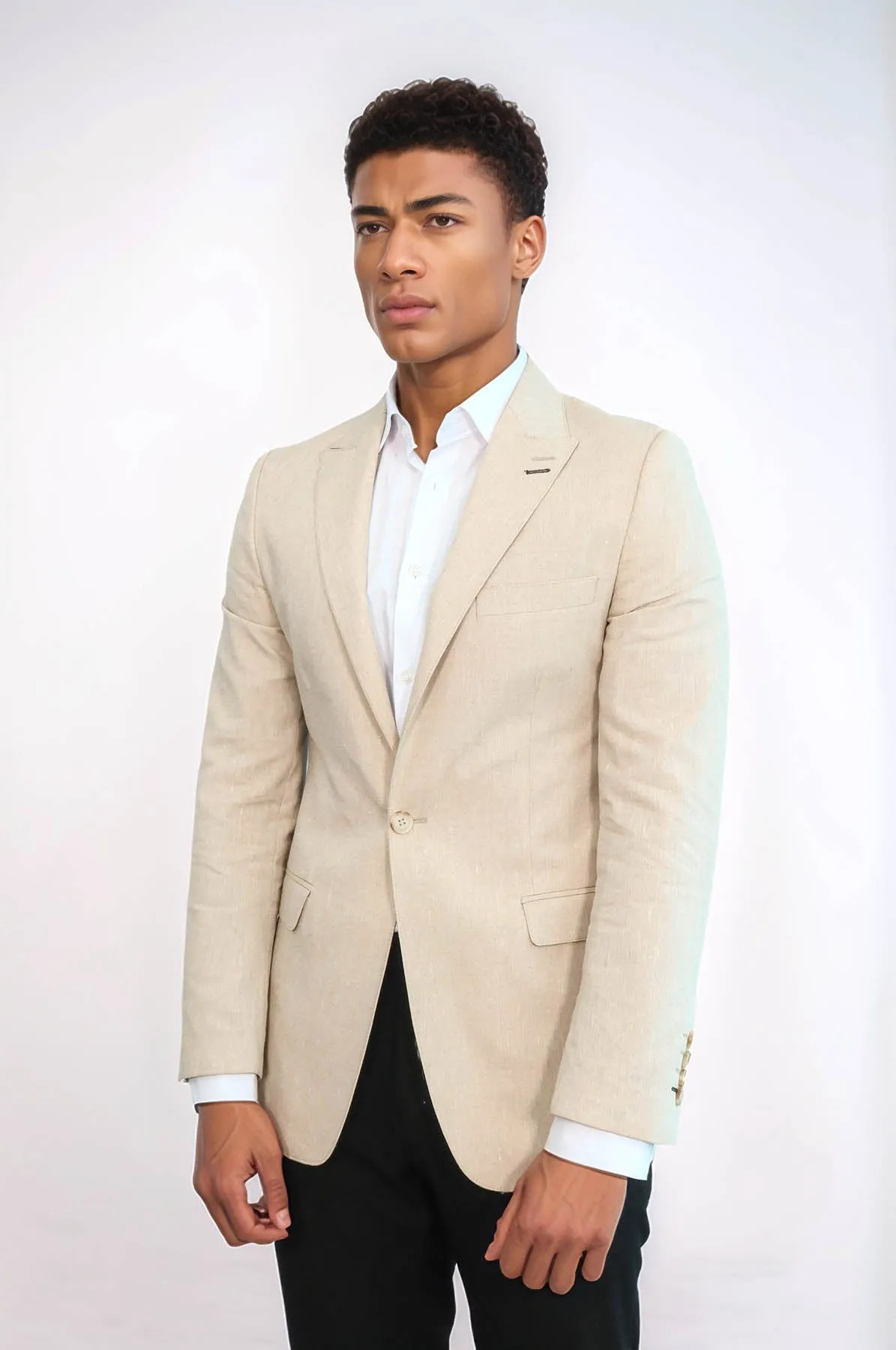 Striped Peak Lapel Beige Sport Jacket - Wessi