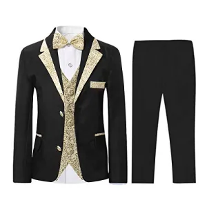 SWOTGdoby Boys Slim Fit Suits 4 Pieces Blazer Vest Pants Bowtie Jacket with Gold Rims for Wedding Party Prom