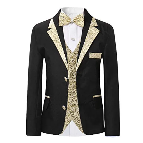 SWOTGdoby Boys Slim Fit Suits 4 Pieces Blazer Vest Pants Bowtie Jacket with Gold Rims for Wedding Party Prom