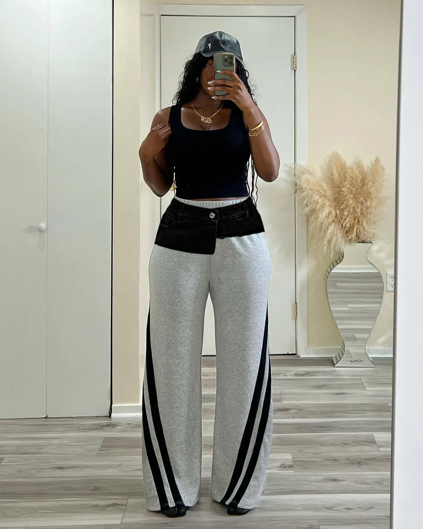 Trendy Denim Patchwork High-Waisted Wide-Leg Pants with Striped Detail