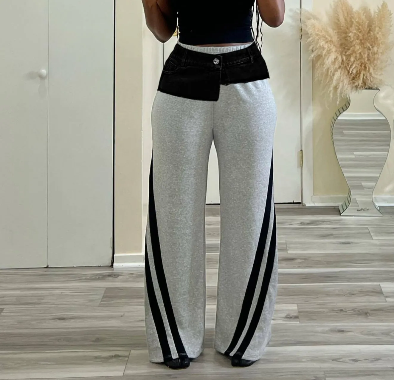 Trendy Denim Patchwork High-Waisted Wide-Leg Pants with Striped Detail