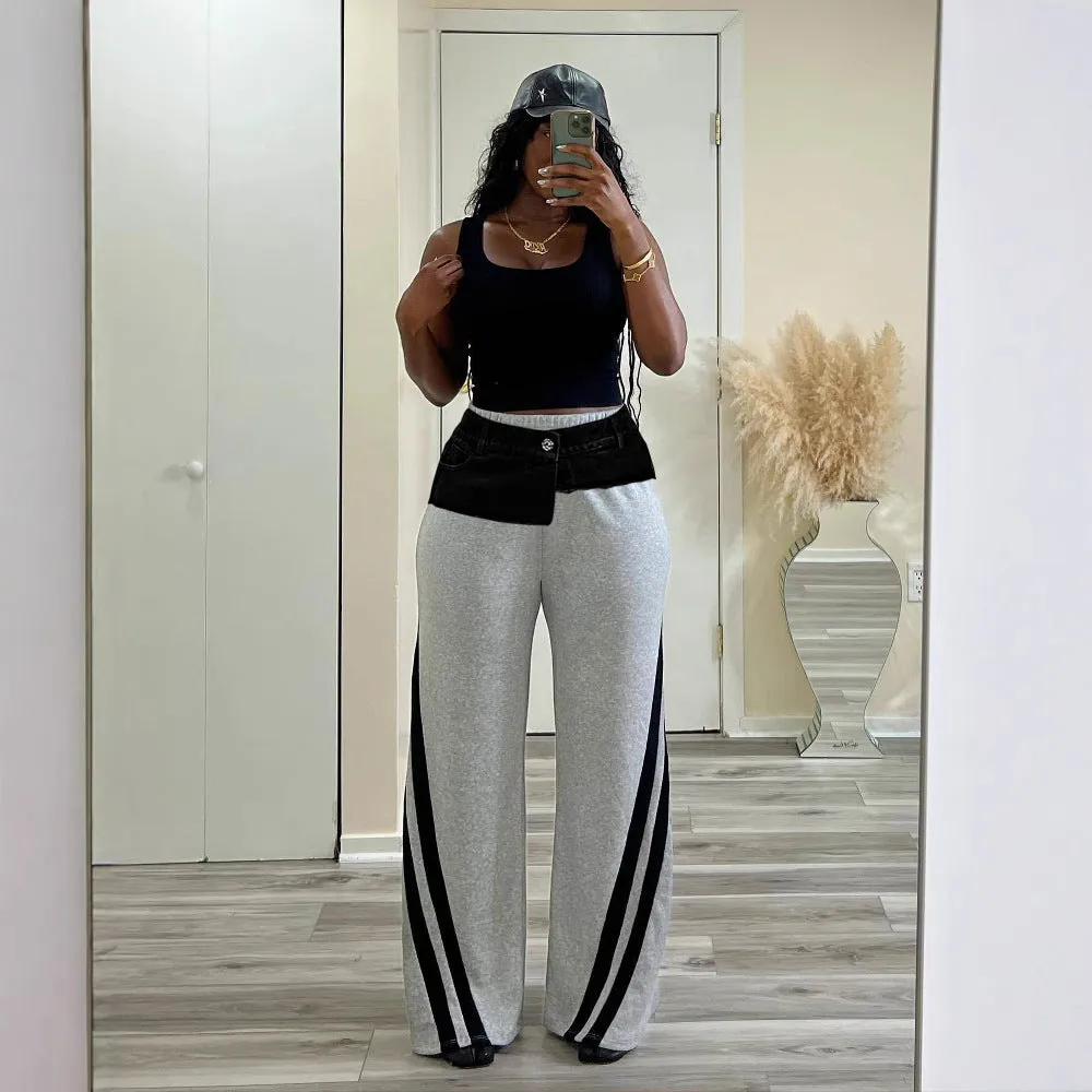 Trendy Denim Patchwork High-Waisted Wide-Leg Pants with Striped Detail