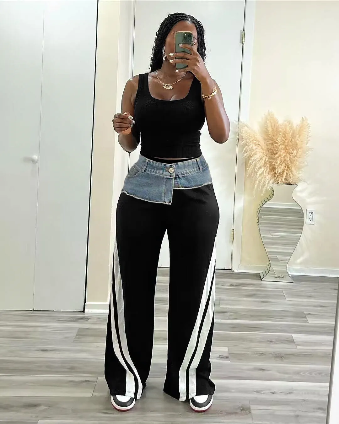 Trendy Denim Patchwork High-Waisted Wide-Leg Pants with Striped Detail