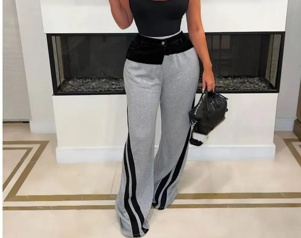 Trendy Denim Patchwork High-Waisted Wide-Leg Pants with Striped Detail