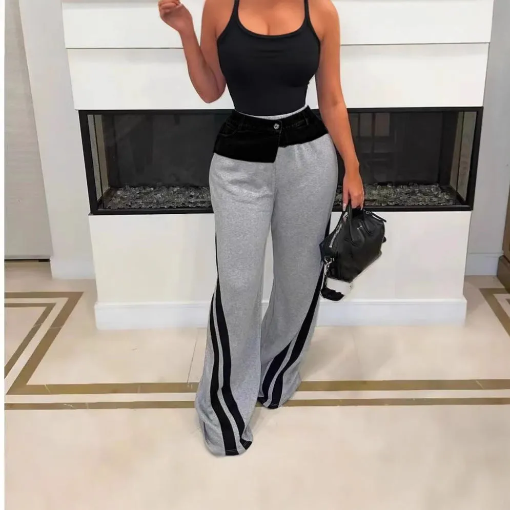 Trendy Denim Patchwork High-Waisted Wide-Leg Pants with Striped Detail