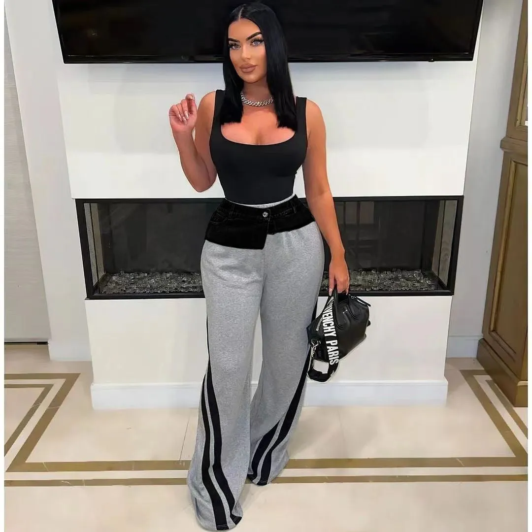 Trendy Denim Patchwork High-Waisted Wide-Leg Pants with Striped Detail