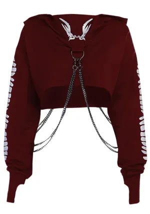 TSMNZMU Womens Gothic Cropped Hoodie Long Sleeve Punk Grunge Skull Print Sweatshirt Emo Alt Mall Goth Tops with Iron Chain Wine