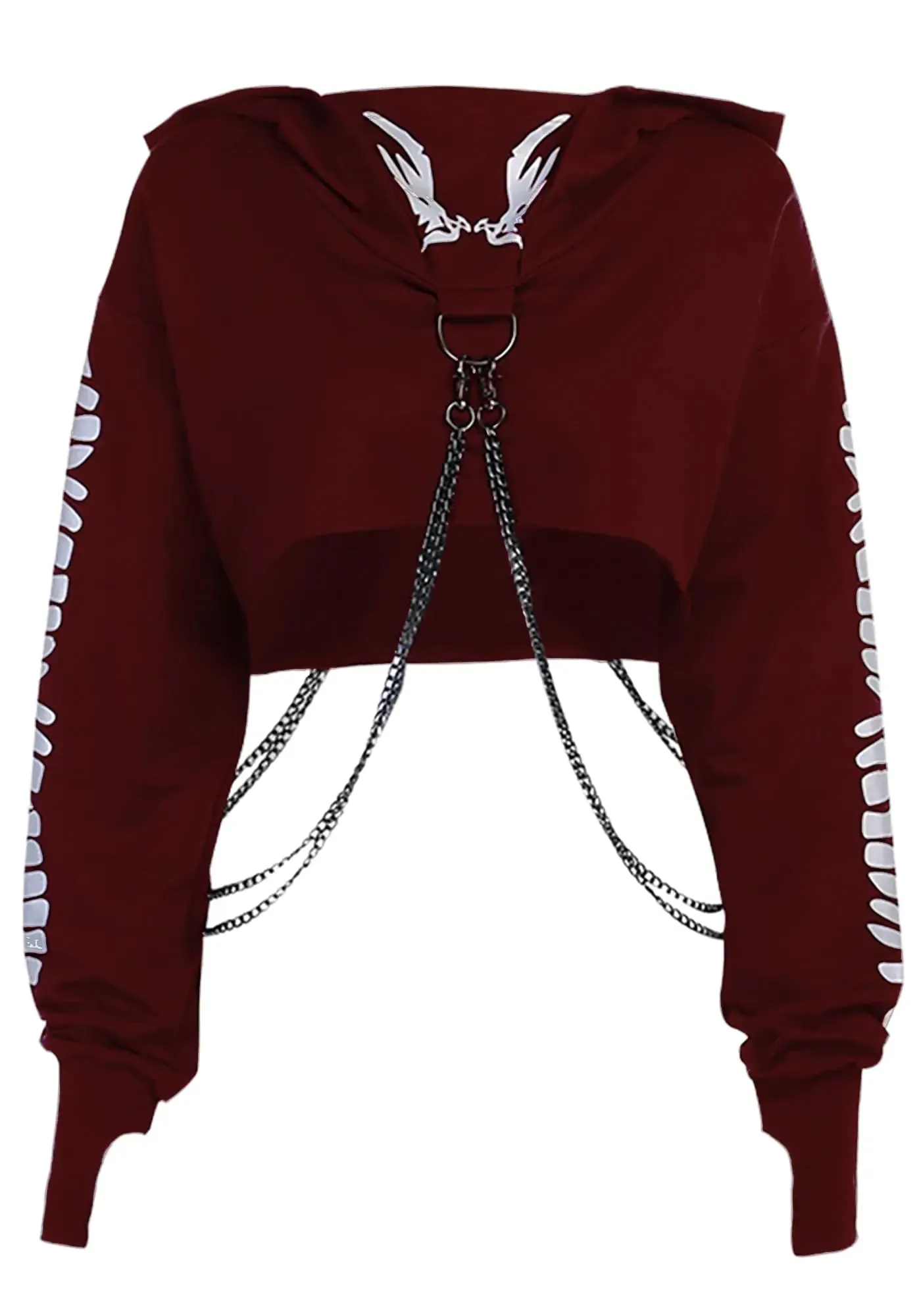 TSMNZMU Womens Gothic Cropped Hoodie Long Sleeve Punk Grunge Skull Print Sweatshirt Emo Alt Mall Goth Tops with Iron Chain Wine