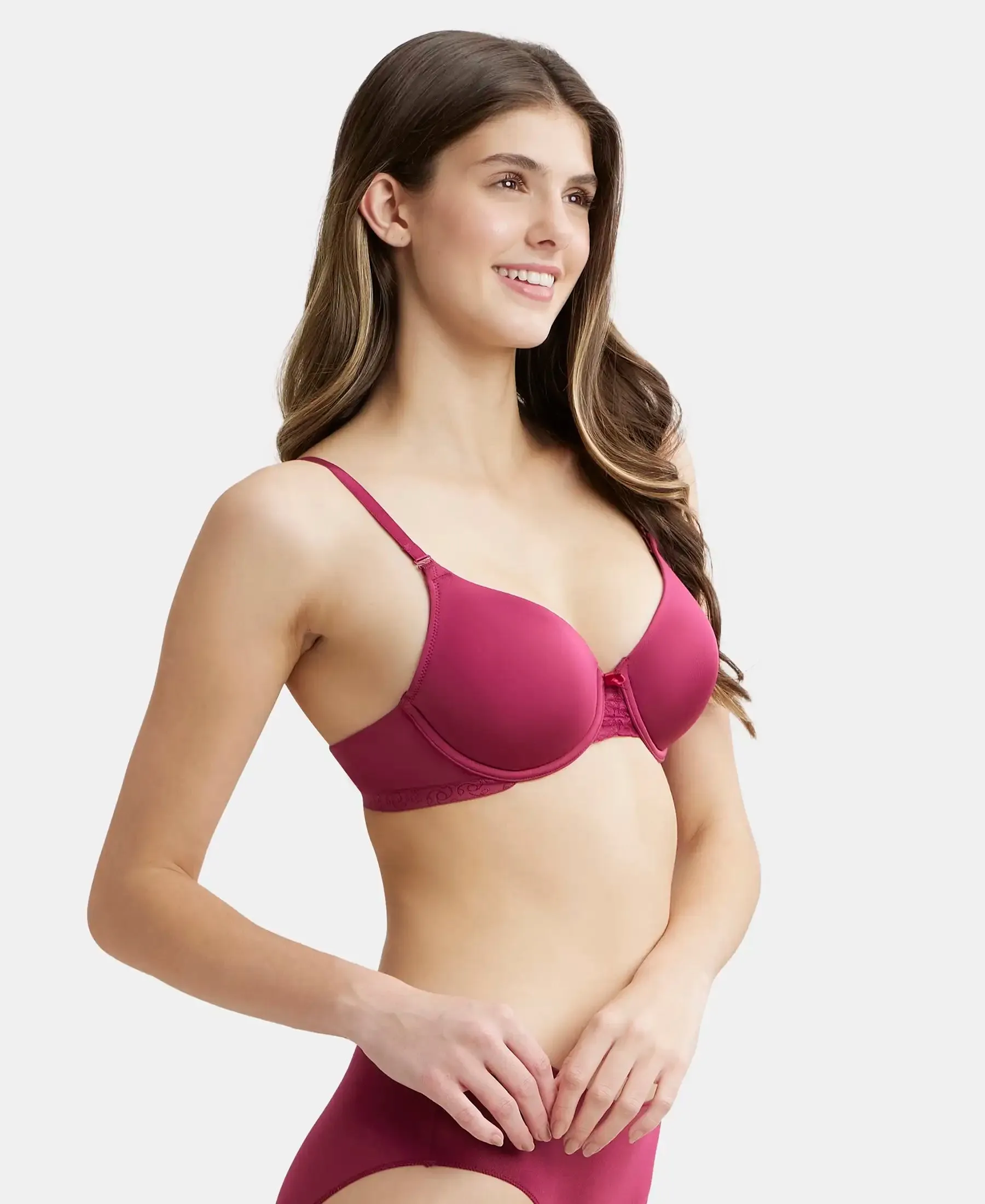 Under-Wired Padded Soft Touch Microfiber Elastane Stretch Full Coverage T-Shirt Bra with Lace Styling - Pink Wine