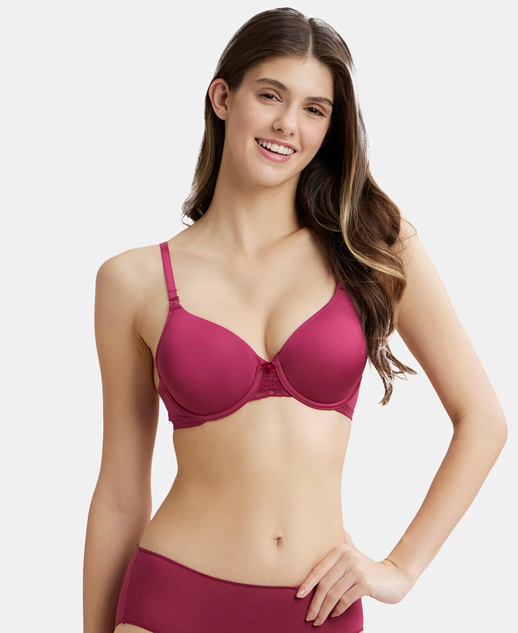 Under-Wired Padded Soft Touch Microfiber Elastane Stretch Full Coverage T-Shirt Bra with Lace Styling - Pink Wine